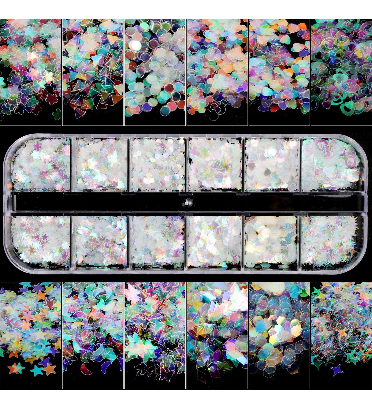 Teenitor 12 Boxes Holographic Nail Sequins - Ultra-Thin Colorful Glitter Sticker for Nail Art, Cosmetic and Festival Glitter Decoration - Buy Online on SooperMarket.com
