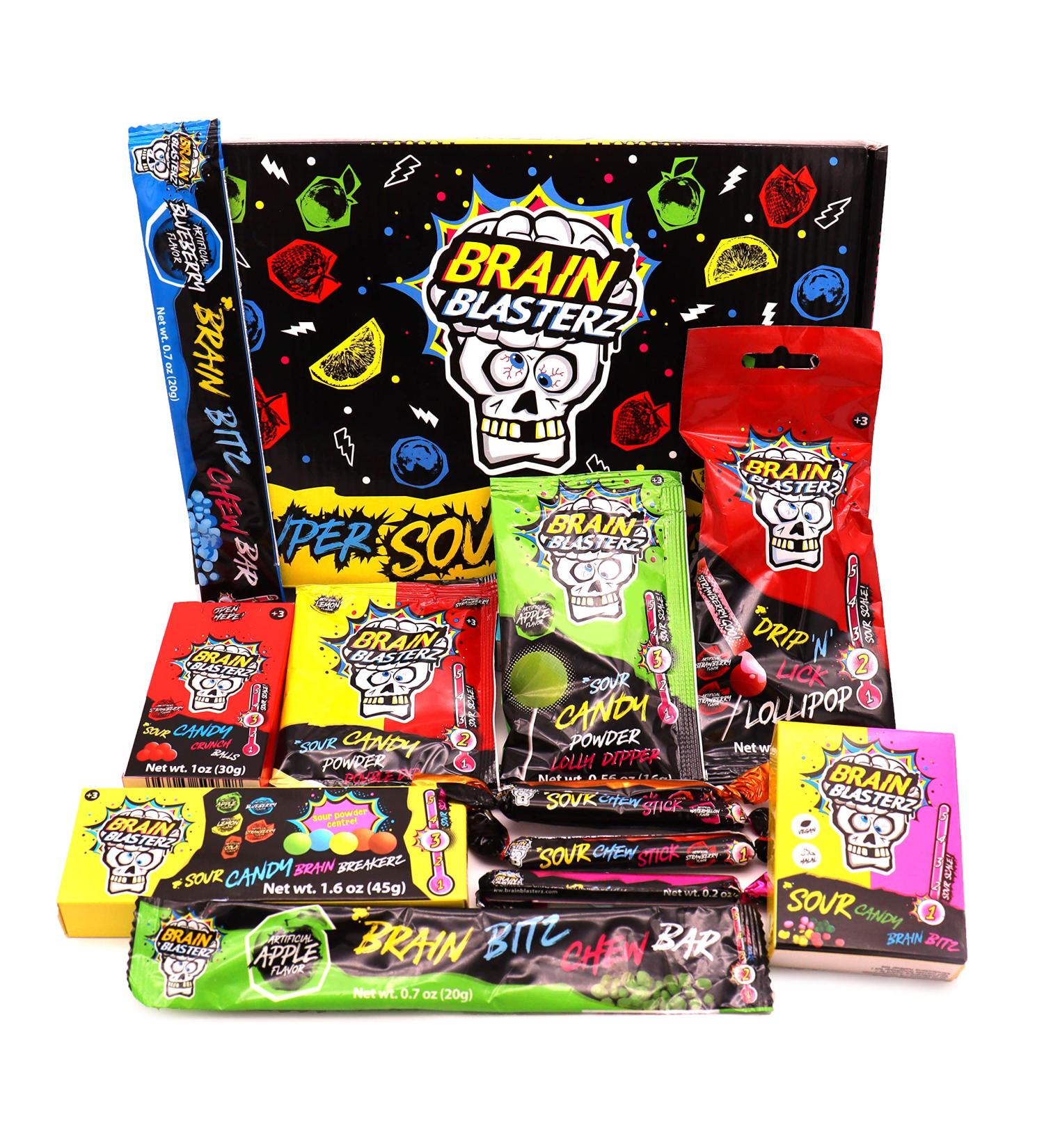 Sour Candy Gift Box by Brain Blasterz | Assorted Hard and Chewy Sour Treats | Perfect Halloween Sweets | Apple, Strawberry, Lemon, Cola Flavors - Buy Online on SooperMarket.com