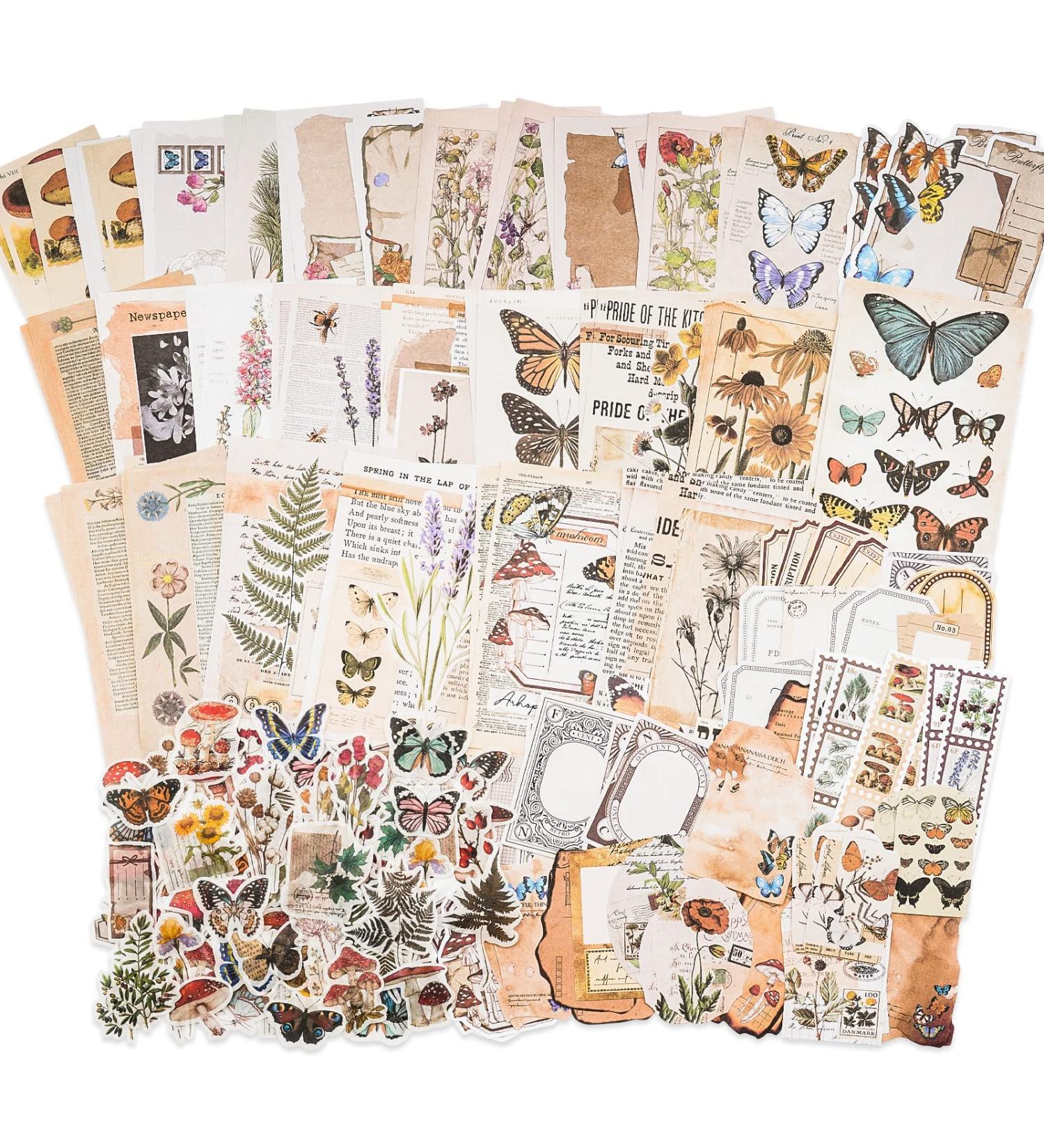 Knaid Vintage Scrapbook Supplies Pack - 200 Pieces for Junk Journals, Planners & Bullet Journals | Botanical Paper Stickers & Craft Kits for Aesthetic Cottagecore Collage Albums - Nature Theme - Buy Online on SooperMarket.com