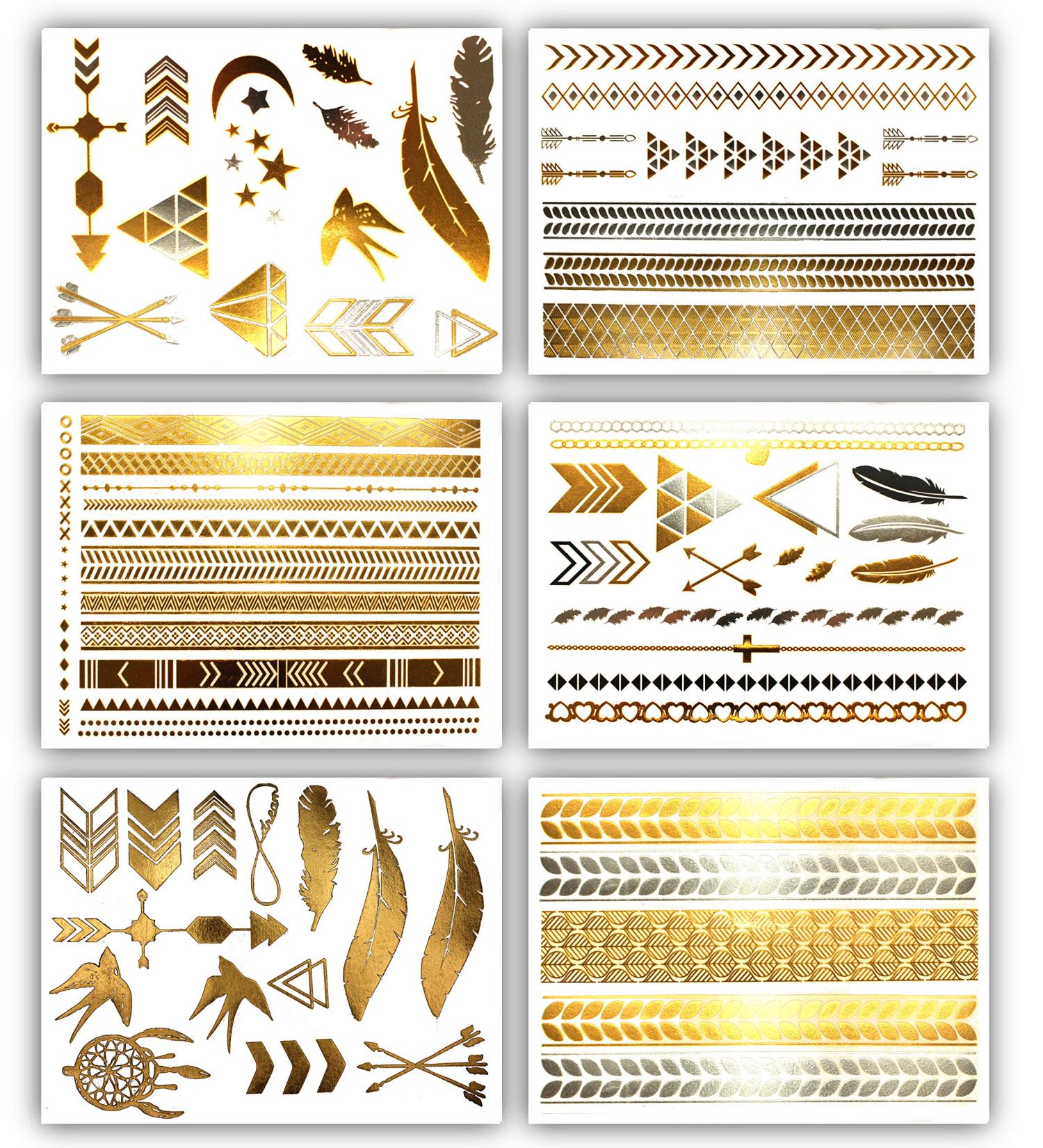 Gold Metallic Temporary Tattoos - 75+ Geometric Henna Designs Moon Stars Arrows Feathers - Waterproof, Non-toxic, Long Lasting - Ideal for Beach, Festivals & More! - Buy Online on SooperMarket.com