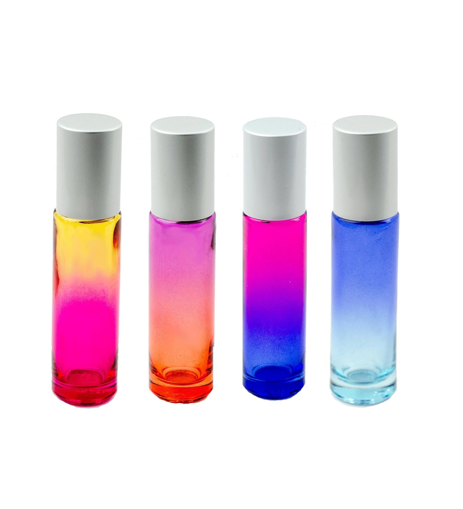 Grand Parfums Upscale 10ml Glass Rainbow Ombre Gradient Roller Bottles with Matte Silver Aluminum Caps and Stainless Steel Roller Balls Set of 12