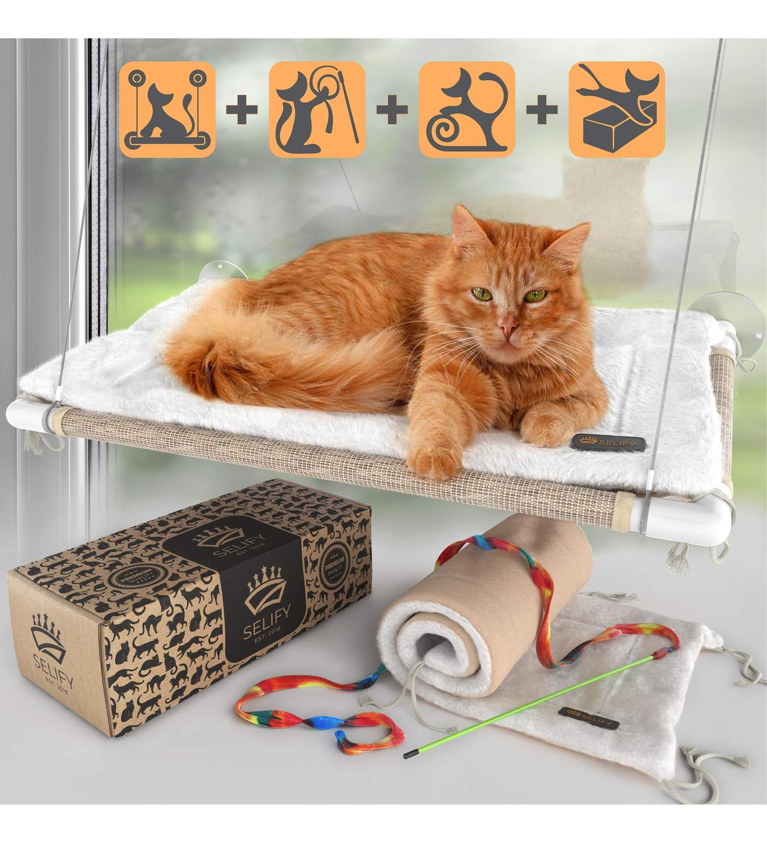 Selify Cat Window Perch - Extra Large & Sturdy, Free Fleece Blanket & Toy, Holds Two Large Cats, Easy to Assemble - Buy Online on SooperMarket.com
