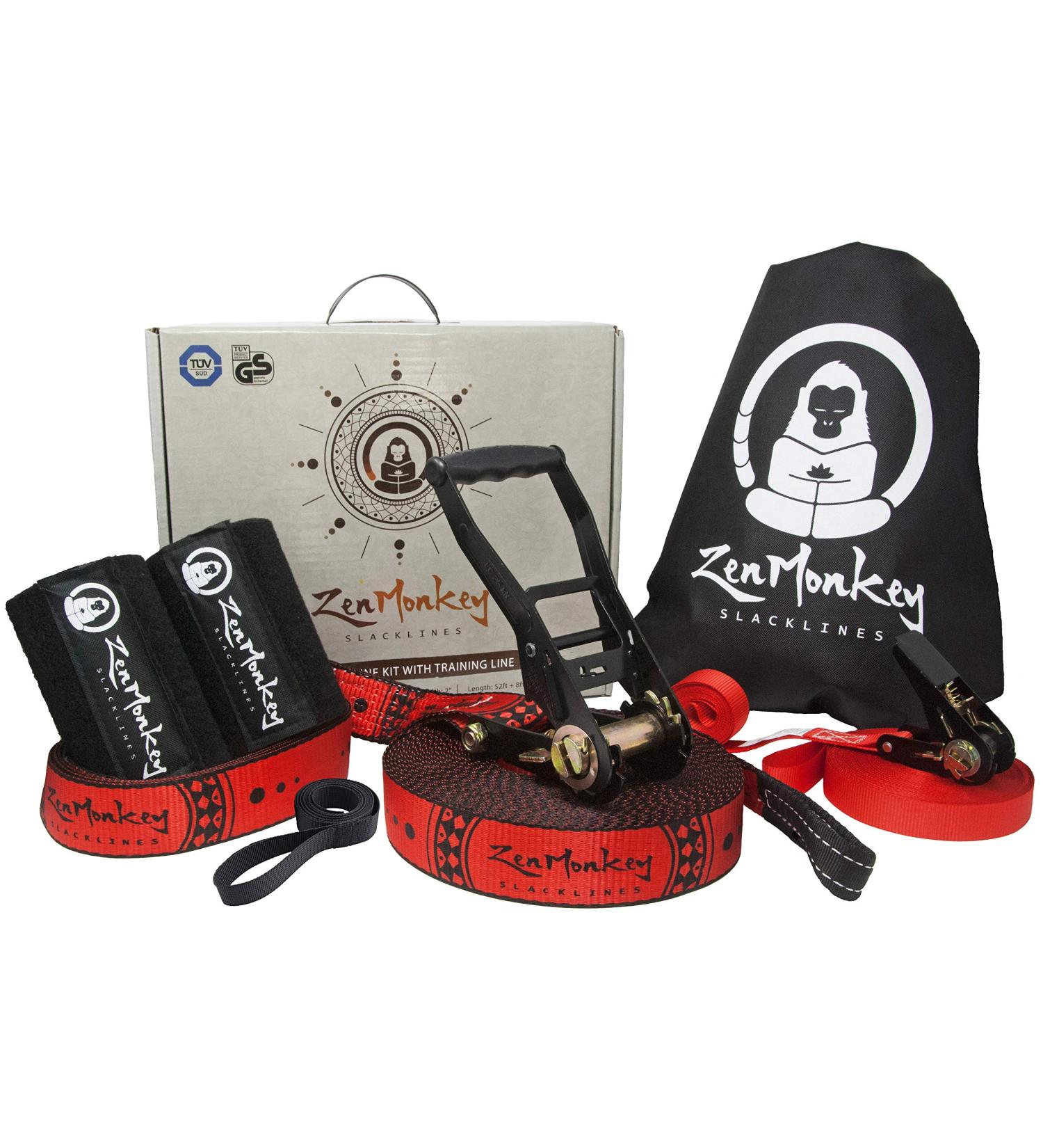 ZenMonkey Slackline Kit with Overhead Training Line, Arm Trainer, Tree Protectors, Carry Bag & Instructions - 60ft - Easy Setup for Family, Kids & Adults - Buy Online on SooperMarket.com