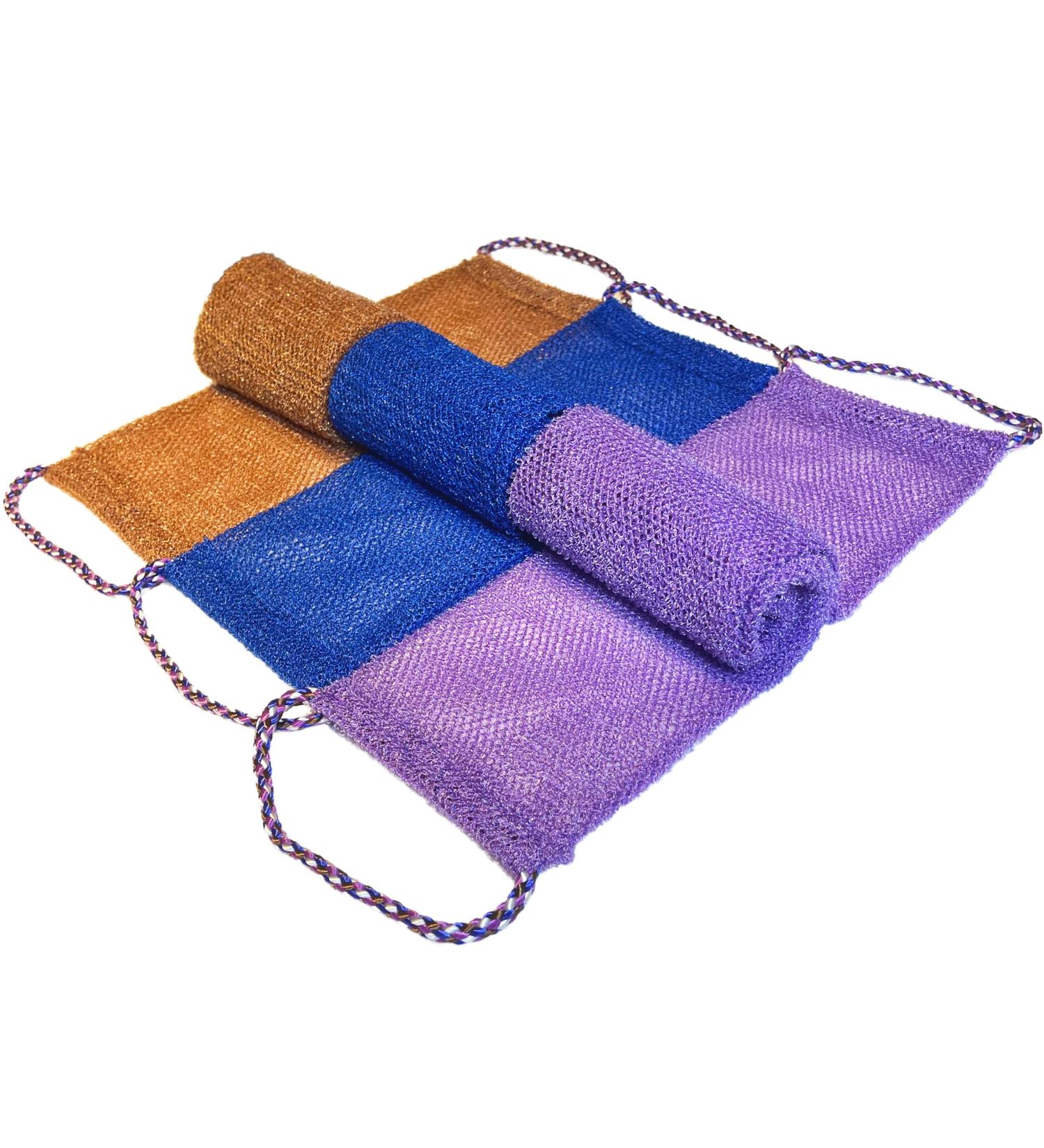 3 Pieces African Exfoliating Long Net Bath Sponge Set - Body Scrubber & Exfoliation Rag in Blue Brown & Purple | Daily Skin Smoother for All Skin Types - Worldwide Shipping - Buy Online on SooperMarket.com