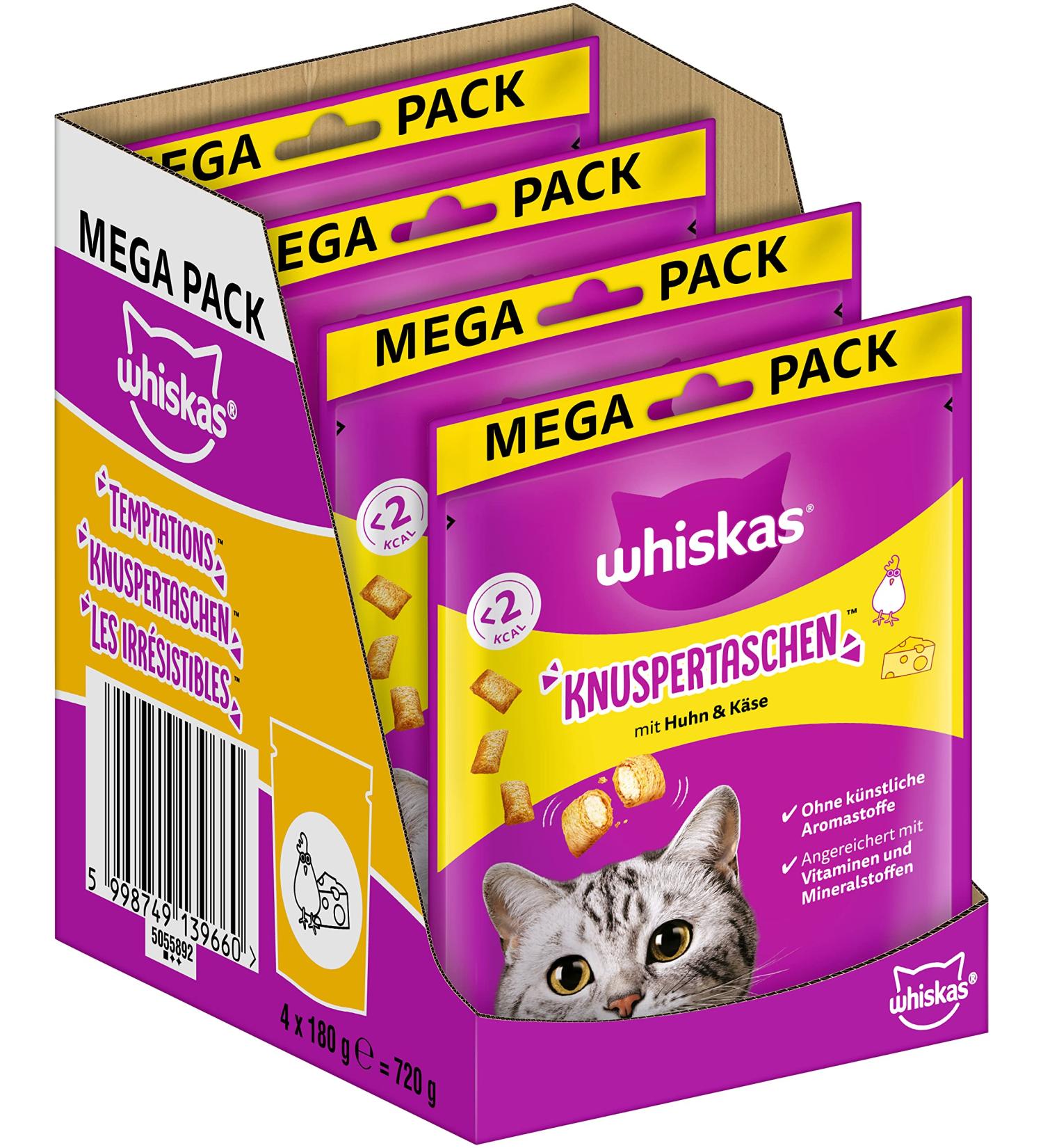 Whiskas Crunchy Pockets Cat Snack with Chicken & Cheese 4 Pack (720g) | Delicious Treats for Adult Cats - Buy Online on SooperMarket.com