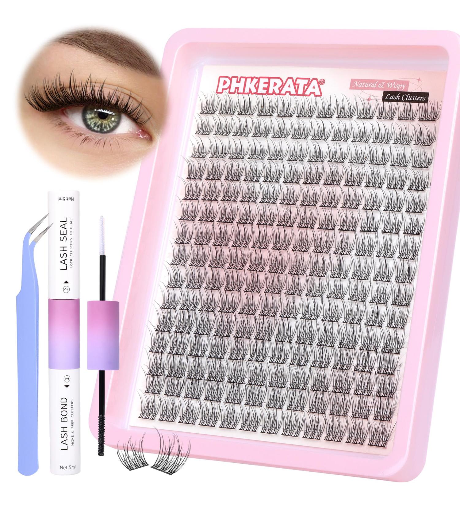PHKERATA Wispy Lash Extension Kit - 180Pcs Natural Cluster Lashes | DIY Fluffy C Curl Individual Lashes Set with Bond, Seal, and Tweezers | 9-12MM Cluster Wispy Kit - Buy Online on SooperMarket.com