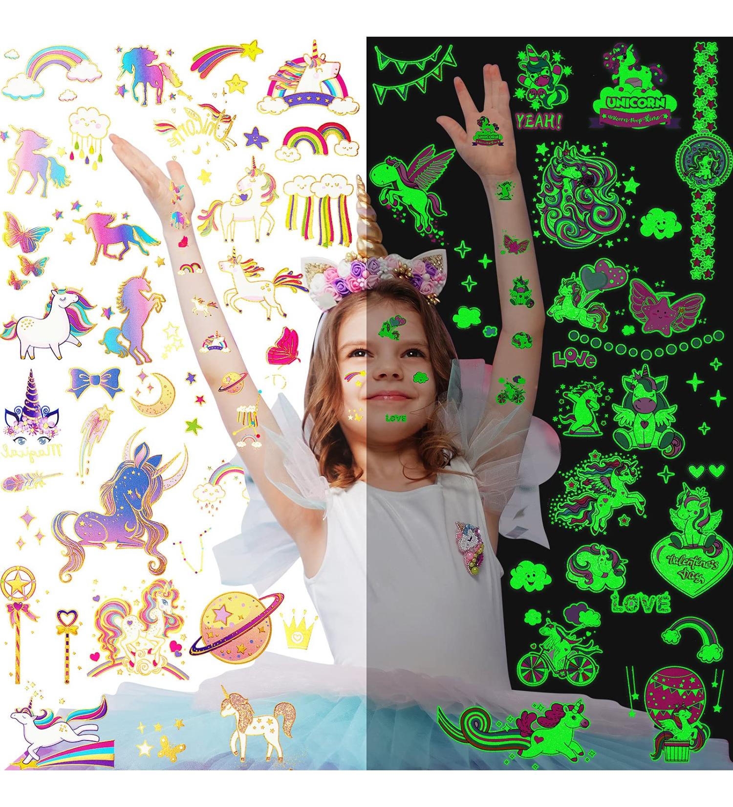 Glow in the Dark Unicorn Temporary Tattoos for Kids - 80 Pieces | Luminous Unicorn Stickers for Girls | Fun Birthday Party Supplies - Buy Online on SooperMarket.com