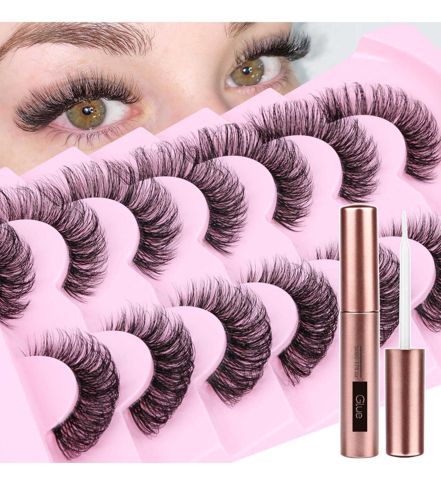 PHKERATA 7 Pairs D Curl Natural False Eyelashes with Lash Glue - Fluffy 18MM Wispy Cat Eye Strip Lashes - Buy Online on SooperMarket.com