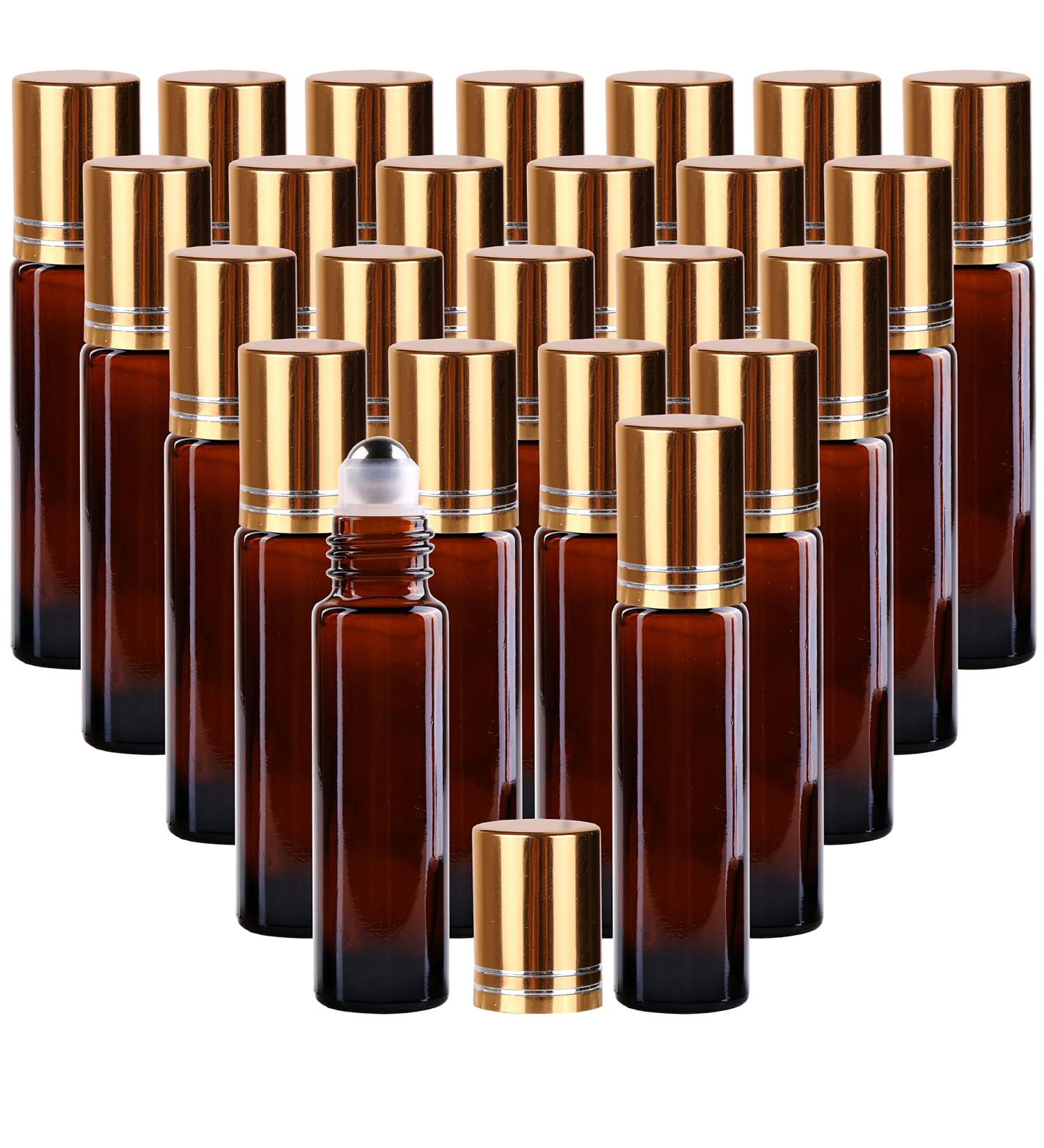 24 Pack Inice Roller Bottles for Aromatherapy Essential Oils - Amber Glass 10ml Refillable Containers with Accessories and Roller Ball - Buy Online on SooperMarket.com