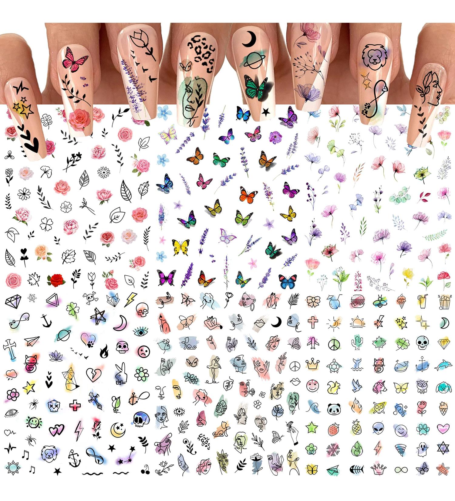 Watercolor Floral and Abstract Nail Stickers - 6 Sheets of Self-adhesive Nail Decals for Women - Flower, Butterfly, and Lady Face Designs - Buy Online on SooperMarket.com