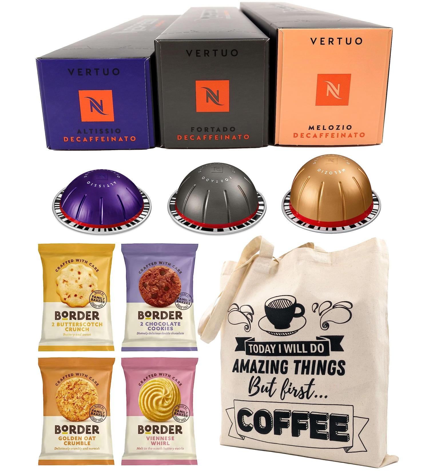 Nespresso Vertuo Coffee Capsules Decaffeinated Selection - Altissio Fortado & Melozio Decaffeinato 3 Boxes (30 Pods) Bundled with Border Biscuits & Giftable Tote Bag - Buy Online on SooperMarket.com