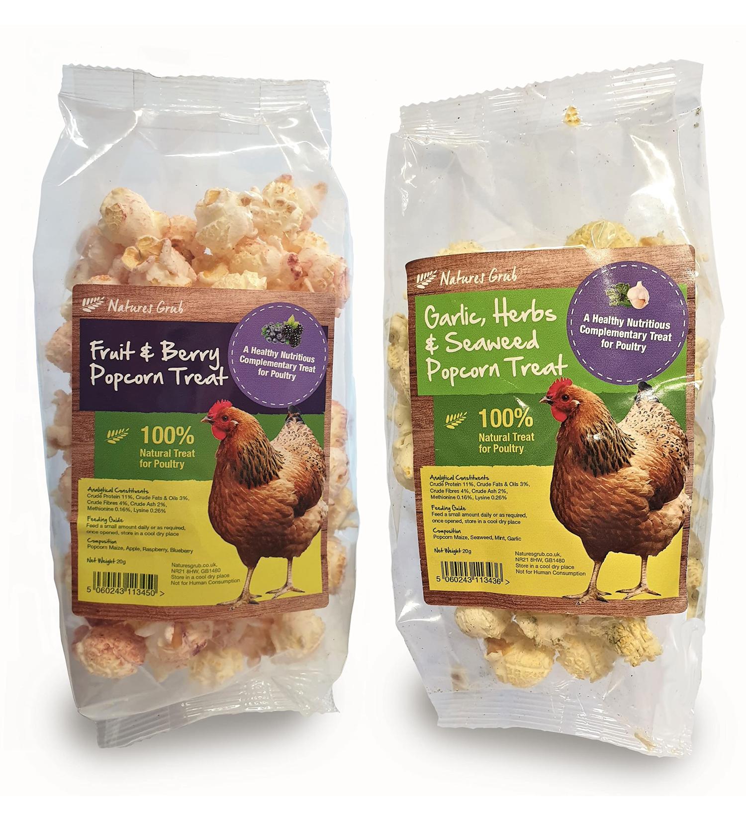 Nature's Grub Poultry Popcorn Treat - 20g Bags for Chickens/Hens - Two Flavours Available (Mixed Pack (Both Flavours) 6 Pack (6 x 20g Bags)) Mixed Pack (Both Flavours) 6 Pack (6 x 20g Bags)