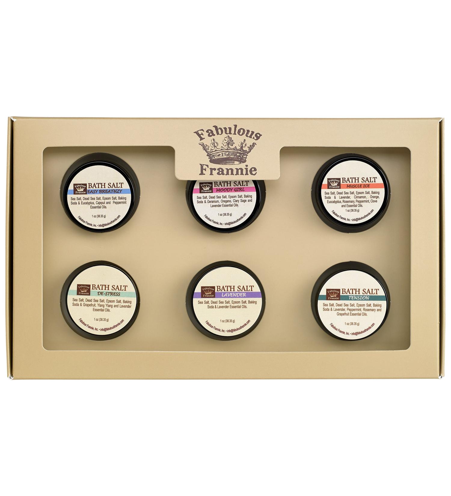Fabulous Frannie Bath Salt Sampler Wellness Kit - All Natural Ingredients and Pure Essential Oils Includes Easy Breathzy Muscle Ice Lavender De-Stress Moody Girl and Tension 1oz (Pack of 6) Sampler Set