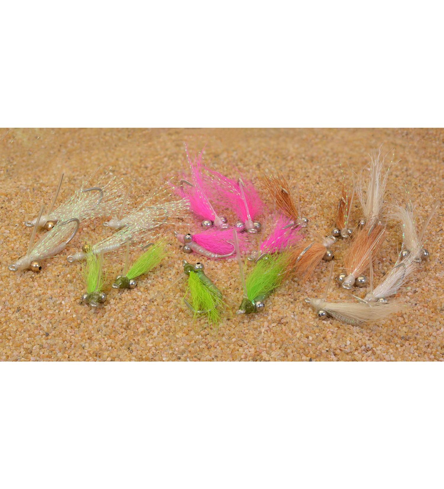 Crazy Charlie Saltwater Fly Fishing Flies - 20ct Assortment on Mustad Signature Duratin Hooks - White, Pink, Crystal, Tan, Chartreuse - Sizes #2, #4, #6 - Buy Online on SooperMarket.com