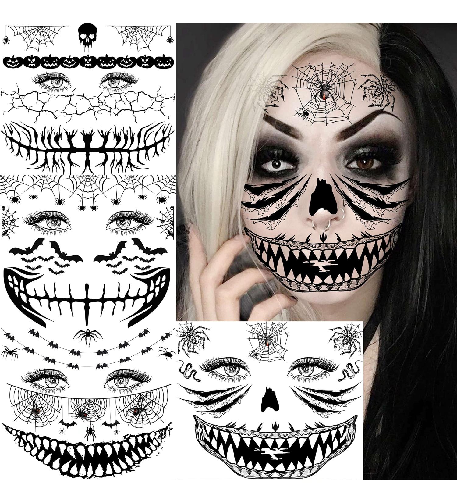 Scary Halloween Face Temporary Tattoos - 4 Sheets for Women, Men, Kids, and Adults | 3D Witch, Zombie Makeup Kit | Dia de los Muertos Face Tattoos with Spider Web, Bat, and Scar Designs - Buy Online on SooperMarket.com