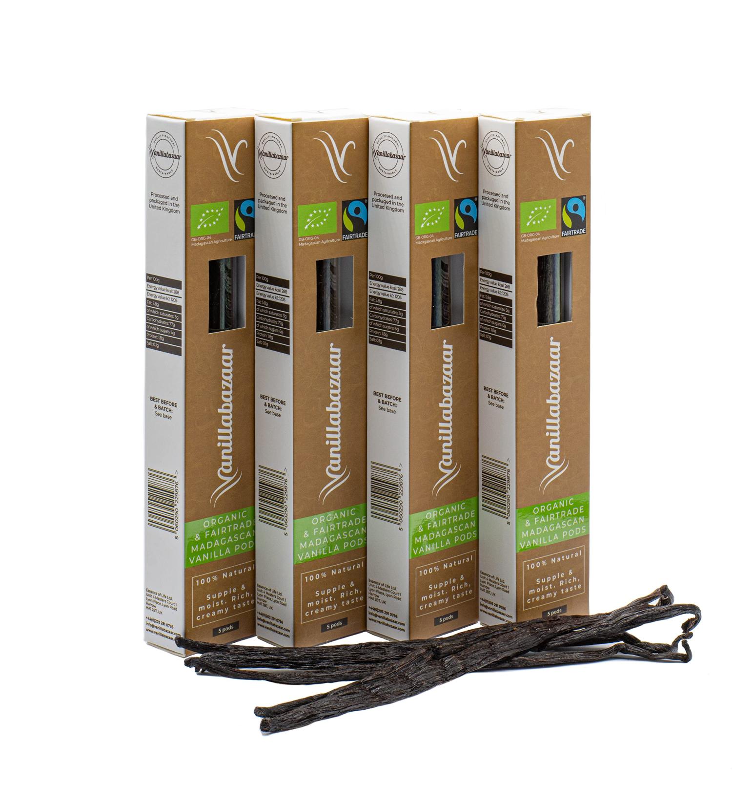 Vanillabazaar Organic & Fairtrade Madagascan Grade A Vanilla Pods - 20 Bourbon Premium Beans in Resealable Tube for Chefs & Baking - 4x5 Pod Tubes - Buy Online on SooperMarket.com