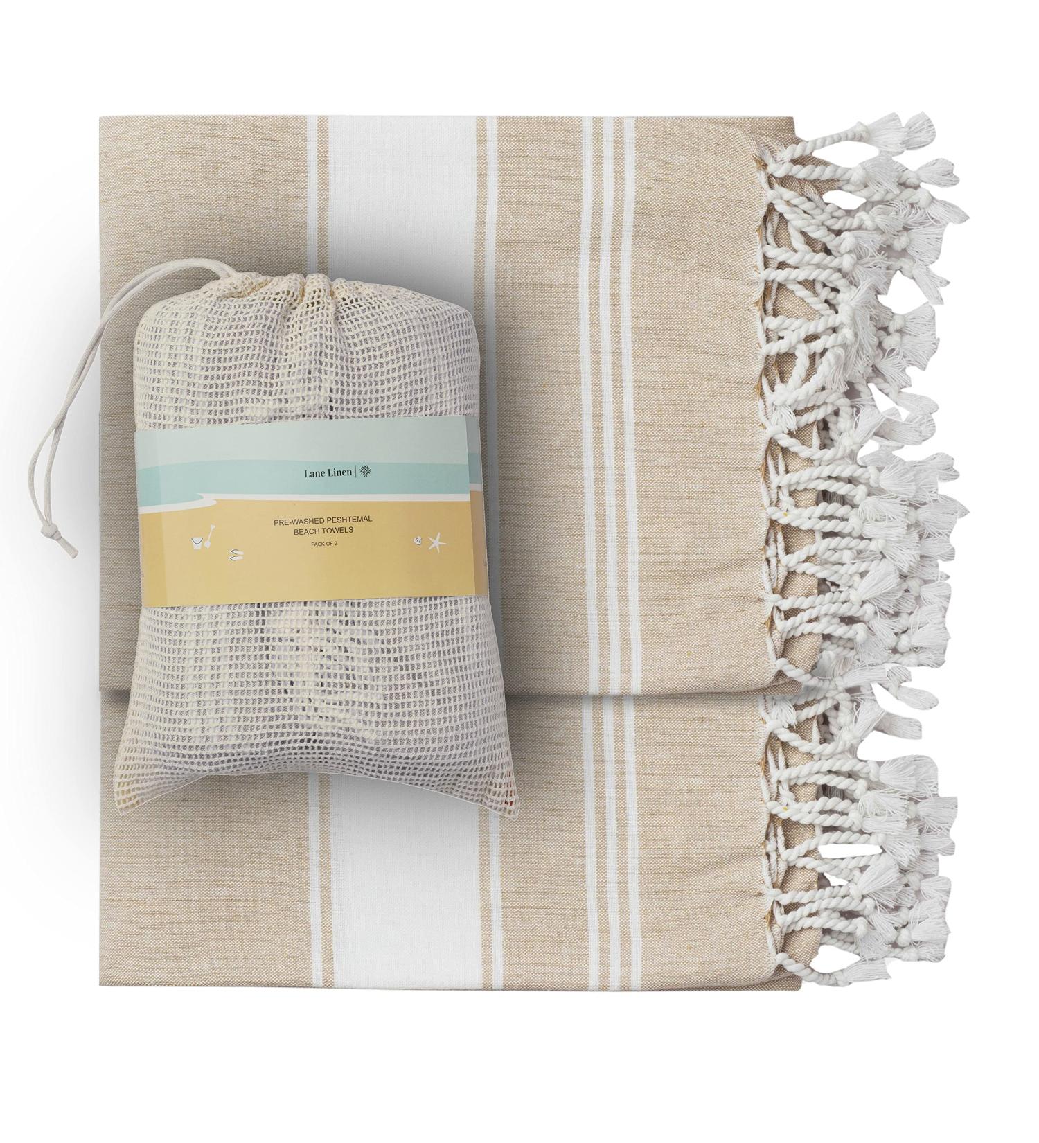 2-Piece Set: 100% Cotton Beach Towel with Beach Bag - Oversized 39x71 Towels for Adults - Quick Dry Sand Towels - Travel Beach Towel - Beige - Buy Online on SooperMarket.com