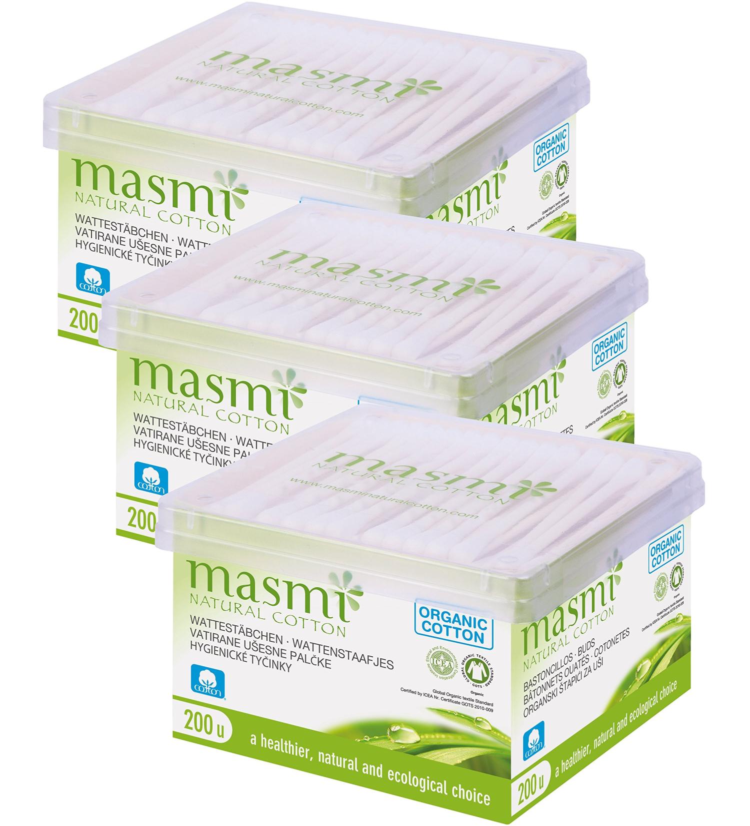MASMI NATURAL COTTON Organic Cosmetic Sticks Pack of 3 (3 x 200 pieces) 60