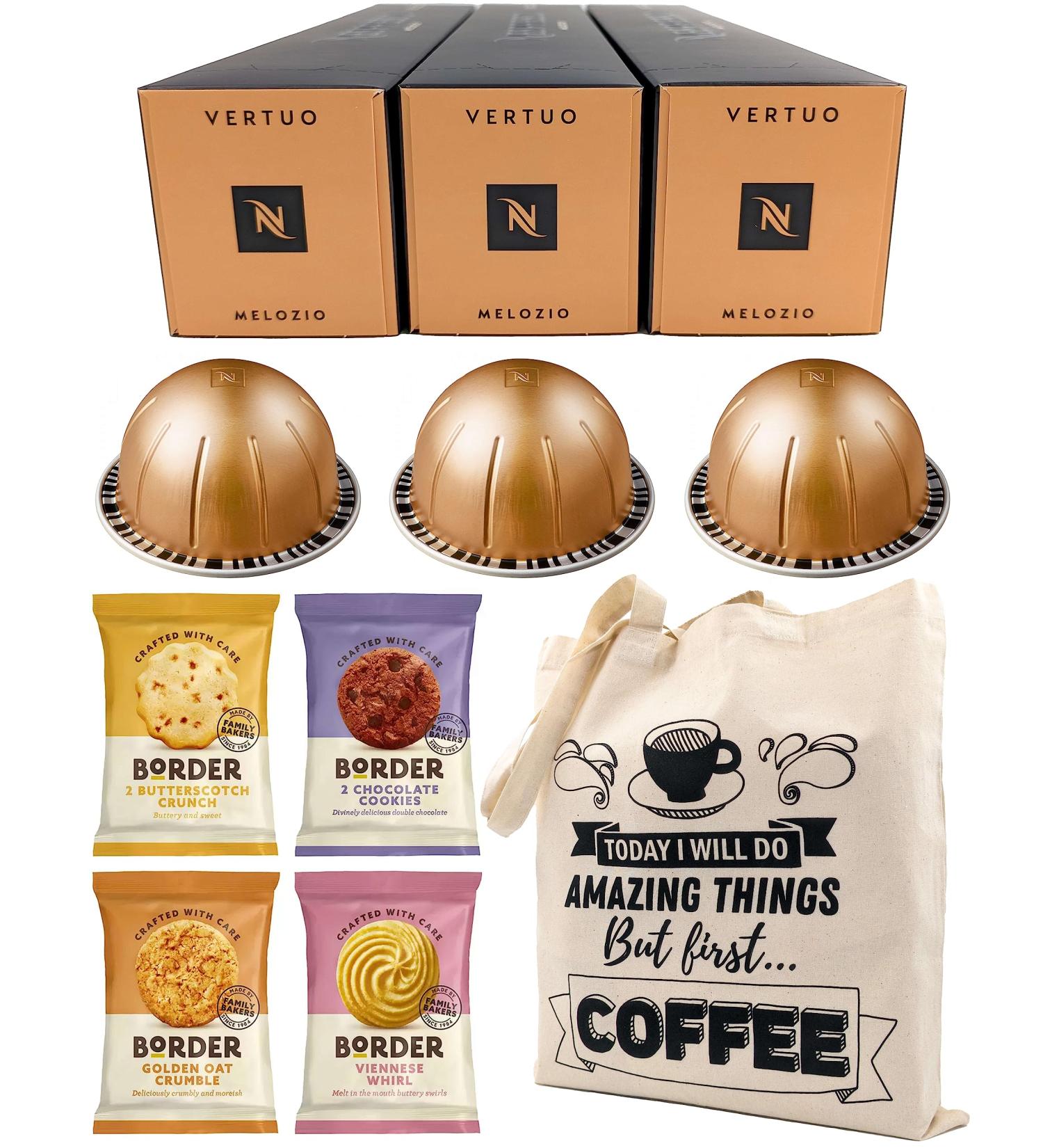 Nespresso Vertuo Coffee Capsules - Melozio - 3 Boxes (30 Pods) Bundled with Border Biscuits Selection & Giftable Tote Bag - Buy Online on SooperMarket.com