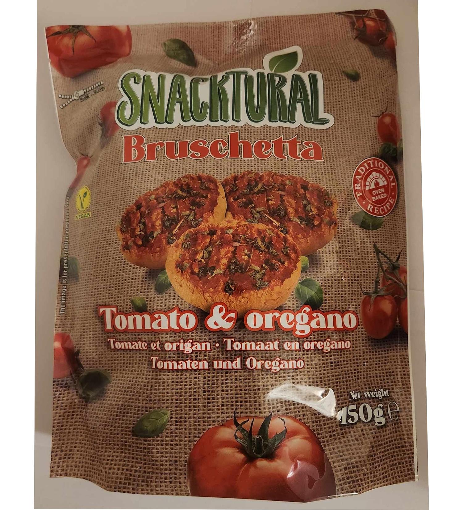Bruschetta snack Tomato & oregan 4x150g. A tasty combination for enjoying a Healthy option for snacking or having a starter/accompaniant for any meal.