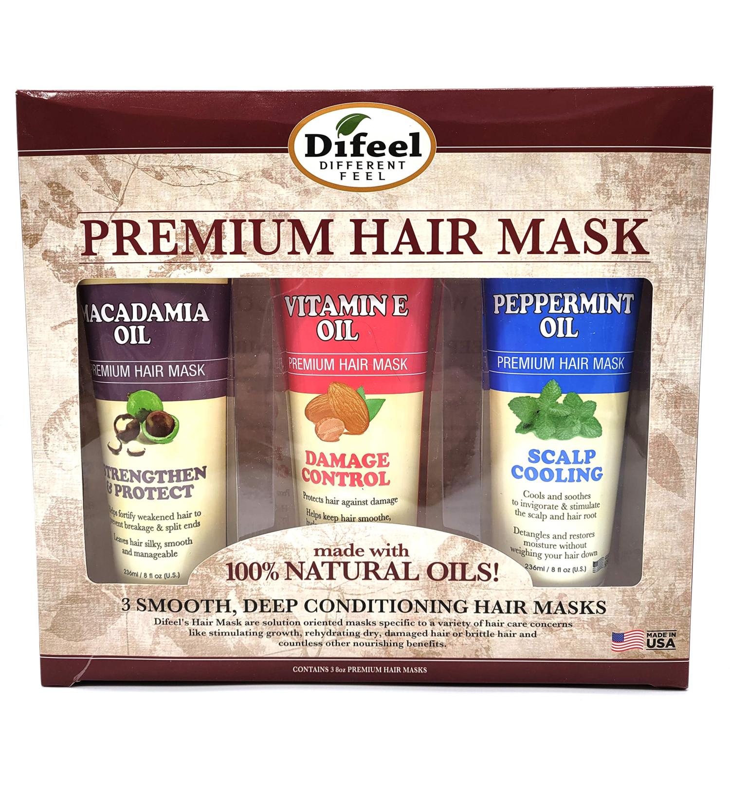 Difeel Premium Hair Mask Set - Macadamia Oil, Vitamin E, Peppermint 8oz - Revitalizing, Cleansing, Strength - 3-PC Set - Buy Online on SooperMarket.com