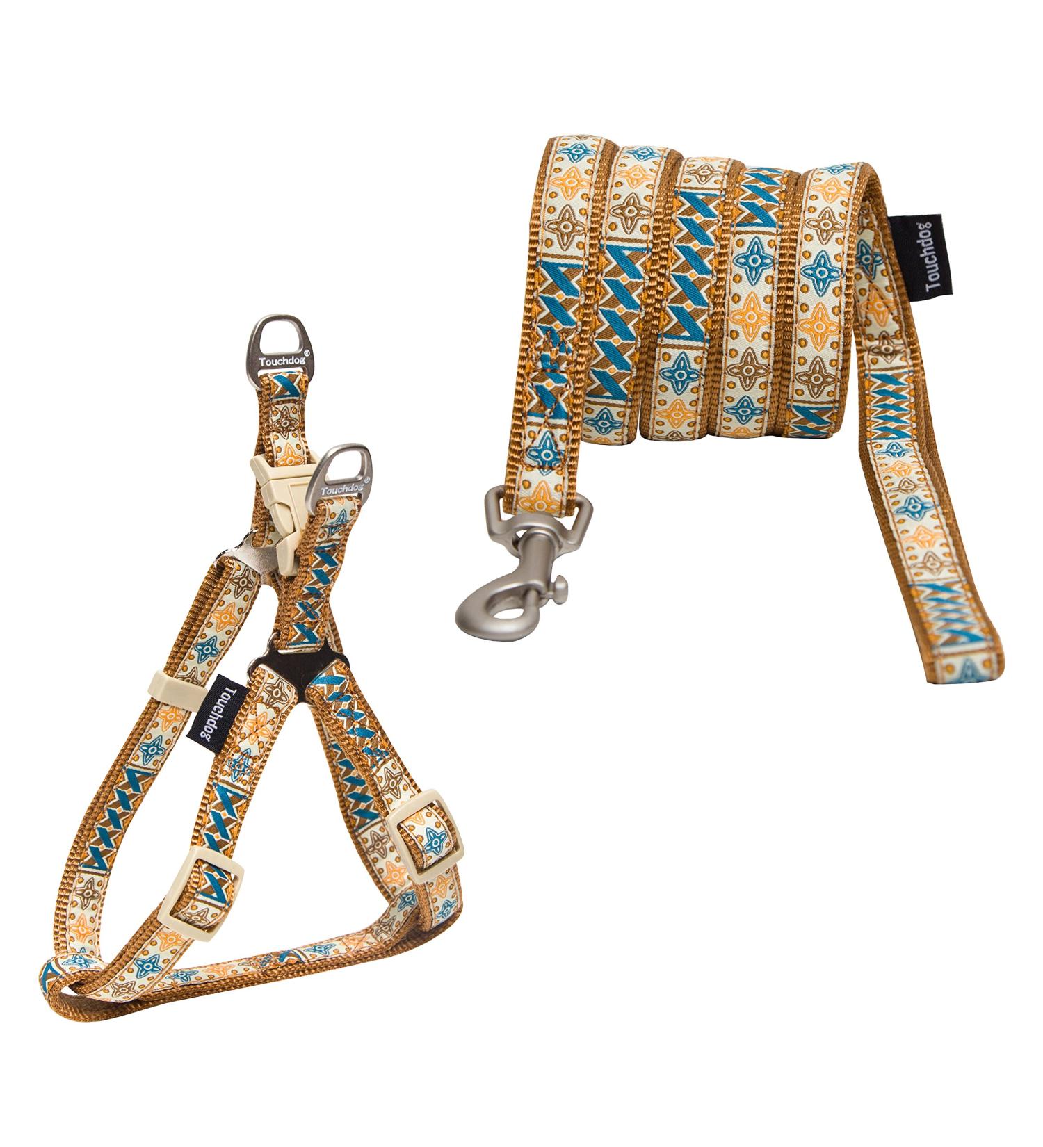 Touchdog Caliber Designer Embroidered Fashion Pet Dog Leash and Harness Combination Medium Brown Pattern Brown Pattern Medium - Buy Online on SooperMarket.com