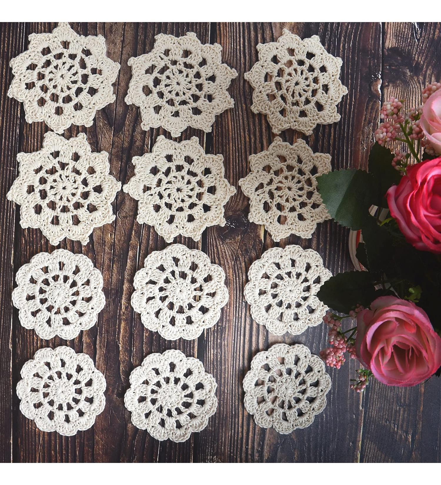 TOSSEY 12PCS Mini Vintage Handmade Crochet Doilies Flowers 100% Cotton Crochet Doilies Appliques Patches for Clothing Headbands Hats Gift Package Need (Beige) Beige 3" - Buy Online on SooperMarket.com