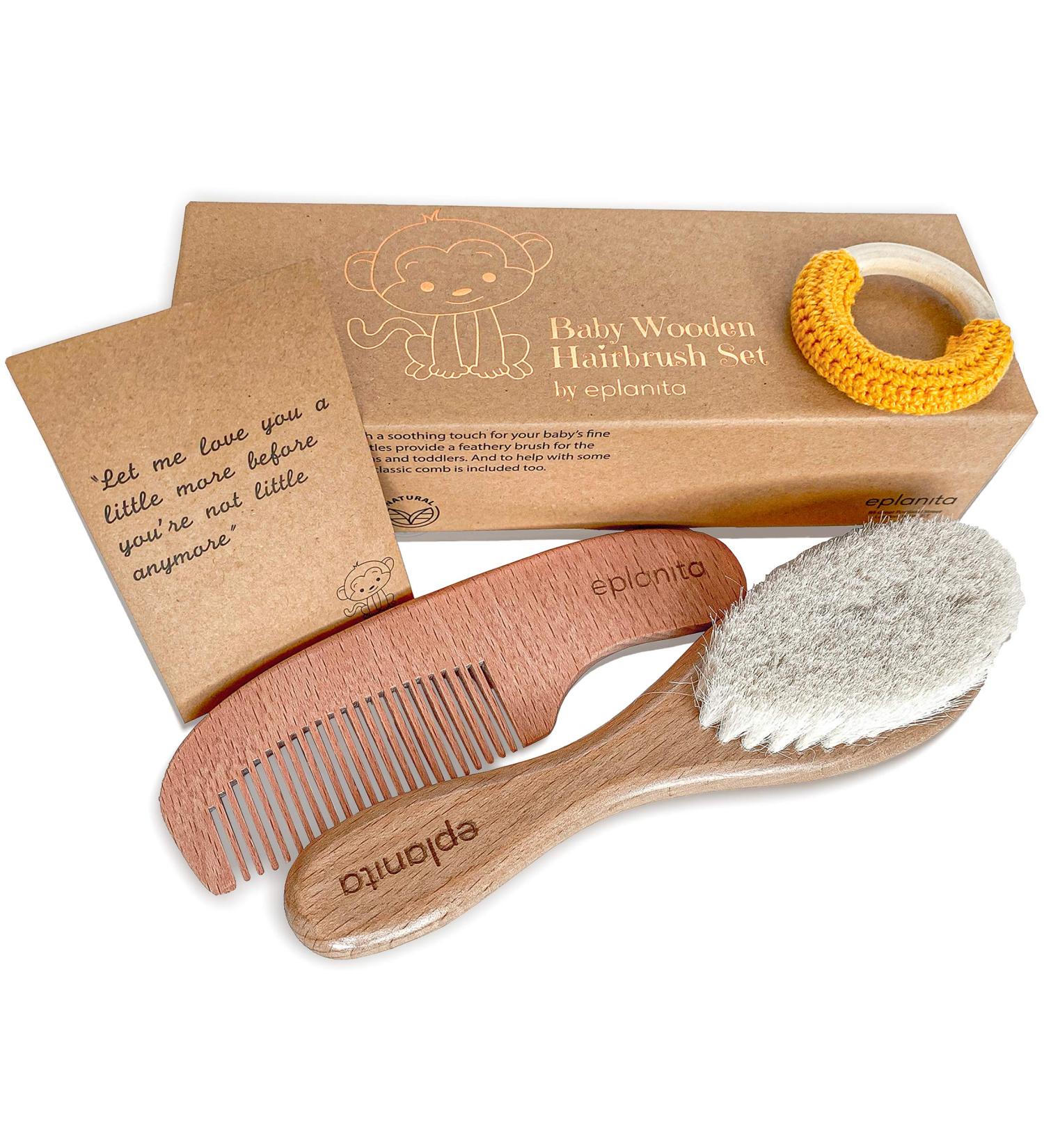eplanita Baby Hair Brush and Comb Set for Newborns & Toddlers - Wooden with Natural Goat Bristles - Ideal for Cradle Cap, Massage, and Teething Relief - Perfect for Baby Registry or Baby Shower - Buy Online on SooperMarket.com