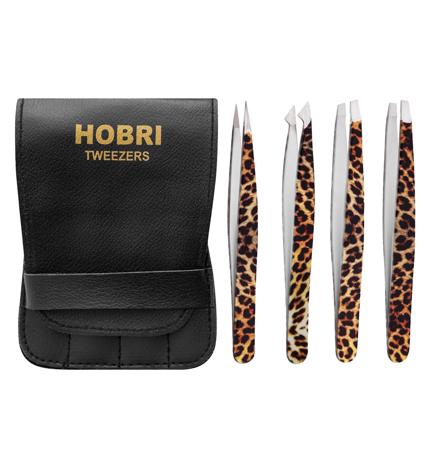 Professional Stainless Steel Eyebrow Tweezers Set - 4 Pieces with Travel Case | Leopard Style - Beauty and Personal Care Tool - Buy Online on SooperMarket.com