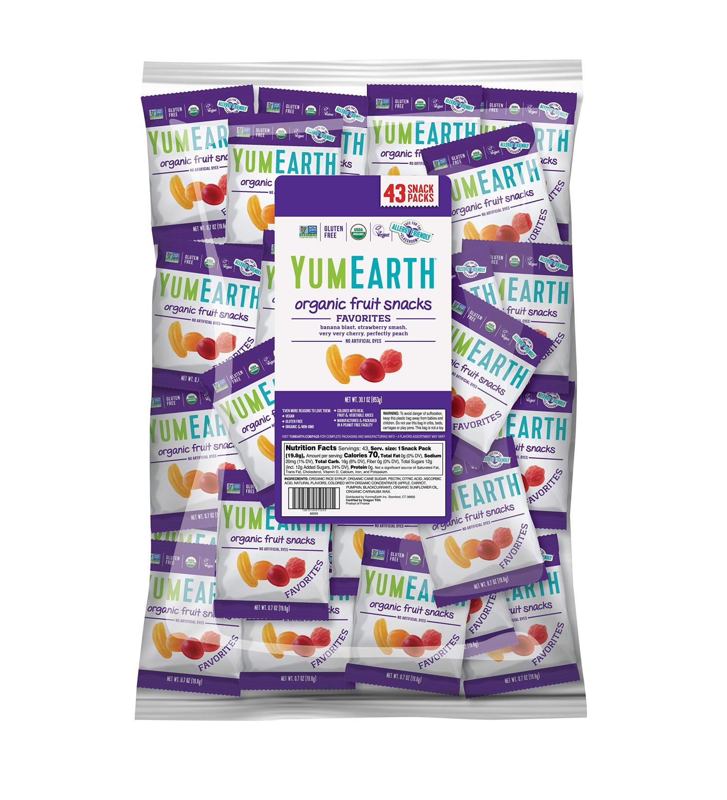 YumEarth Organic Fruit Flavored Snacks - 43 Count, 0.7oz Snack Packs | Allergy-Friendly, Gluten-Free, Non-GMO, Vegan | No Artificial Flavors or Dyes | Fruit Flavor - Pack of 1 - Buy Online on SooperMarket.com