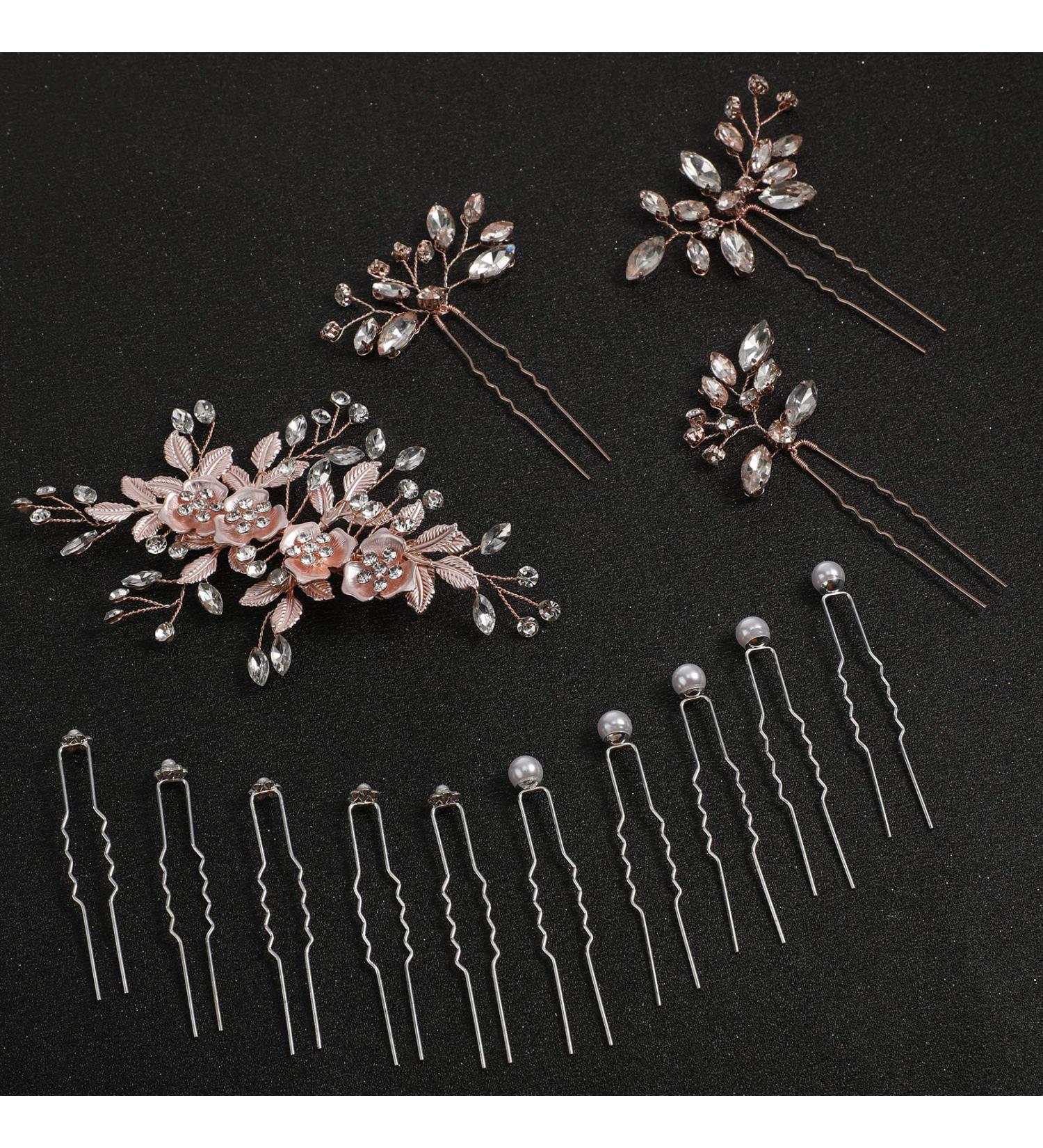 14 Pieces Wedding Hair Clips Set - Bridal Pearl & Rhinestone Barrettes in Rose Gold and Silver | Bridesmaid Hair Accessories - Buy Online on SooperMarket.com