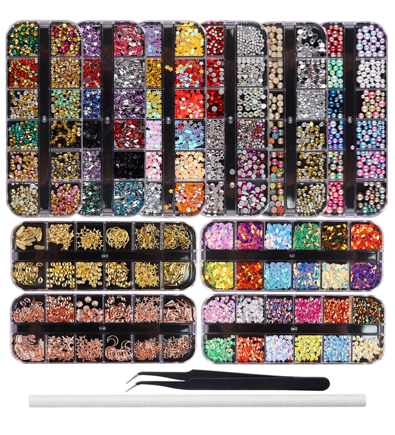 EBANKU Nail Art Rhinestones Gems Set with Tweezers and Wax Pens - 10 Boxes Nail Jewels Diamonds for Stunning Nail Charms - Buy Online on SooperMarket.com