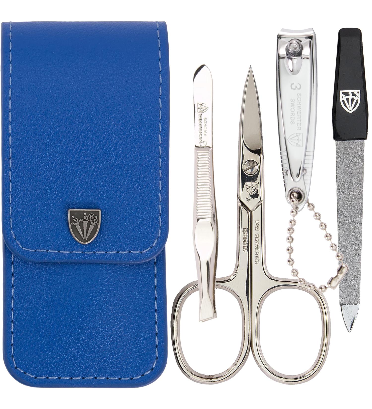 Premium 4-Piece Nail Care Set 'Capri' - Blue Kunt Leather | Manicure & Pedicure Essentials: Scissors Clippers Tweezers Sapphire Nail File - Buy Online on SooperMarket.com
