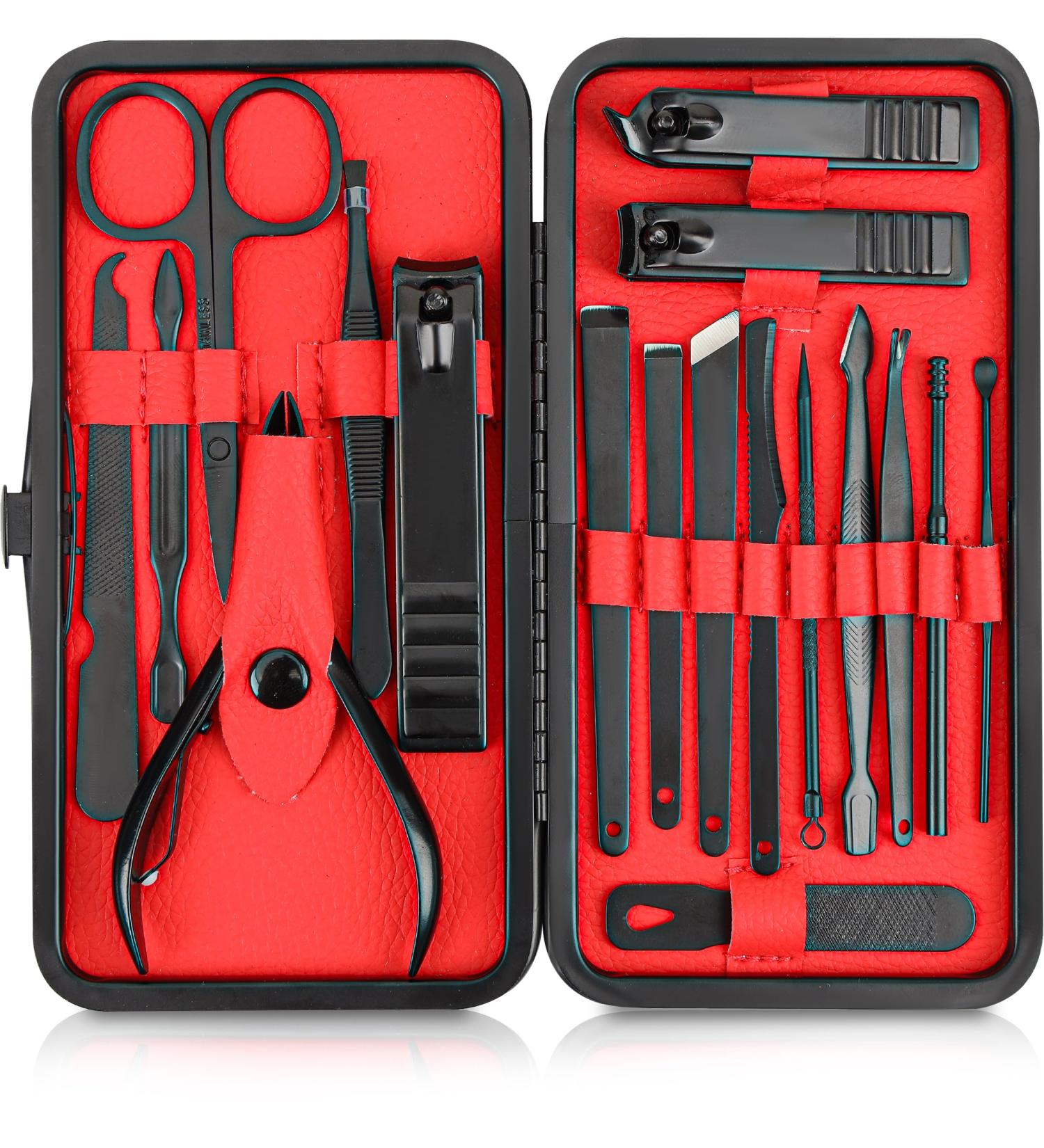 Kichly 18-Part Manicure Set for Women & Men - Nail Tools & Accessories with Travel Case - Nail Clip Set & Scissors (Red/Black) - Buy Online on SooperMarket.com