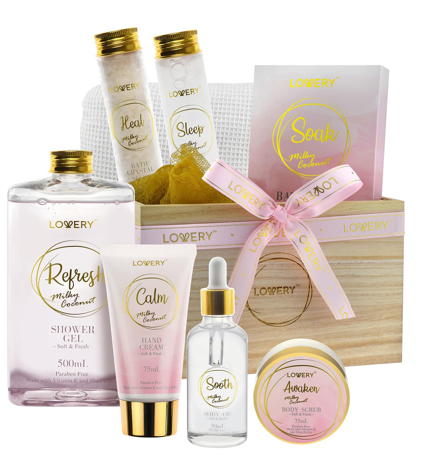 Luxury Bath Gift Set | Home Spa Gift Basket - Milky Coconut Scent Vitamin E & Shea Butter Shower Gel Bath Salt Body Scrub & More - International Shipping Available - Buy Online on SooperMarket.com
