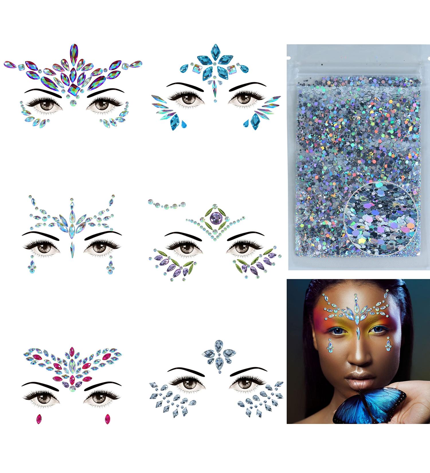 Self-Adhesive Face Gems - 6 Sets Rhinestone Stickers for Festivals and Rave Outfits - Buy Online on SooperMarket.com