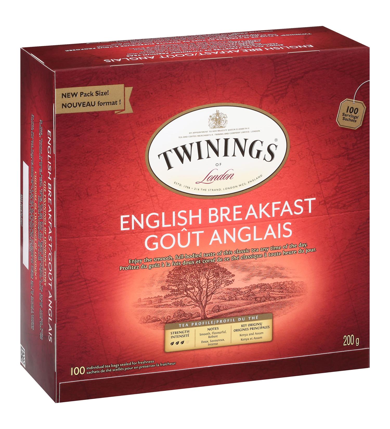 Twinings English Breakfast Individually Wrapped Tea Bags | Caffeinated Smooth Flavourful Robust Black Tea | 100 Count (Pack of 4) | Enjoy Hot or Iced Classic English Breakfast 100 Count (Pack of 4) - Buy Online on SooperMarket.com