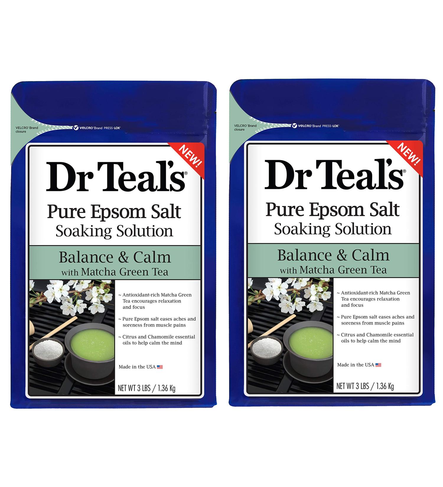 Dr Teal's Epsom Salt Matcha Green Tea Bath Soaking Solution - Balance & Calm - Pack of 2, 3 lb Resealable Bags - Moisturize Your Skin, Relieve Stress and Sore Muscles