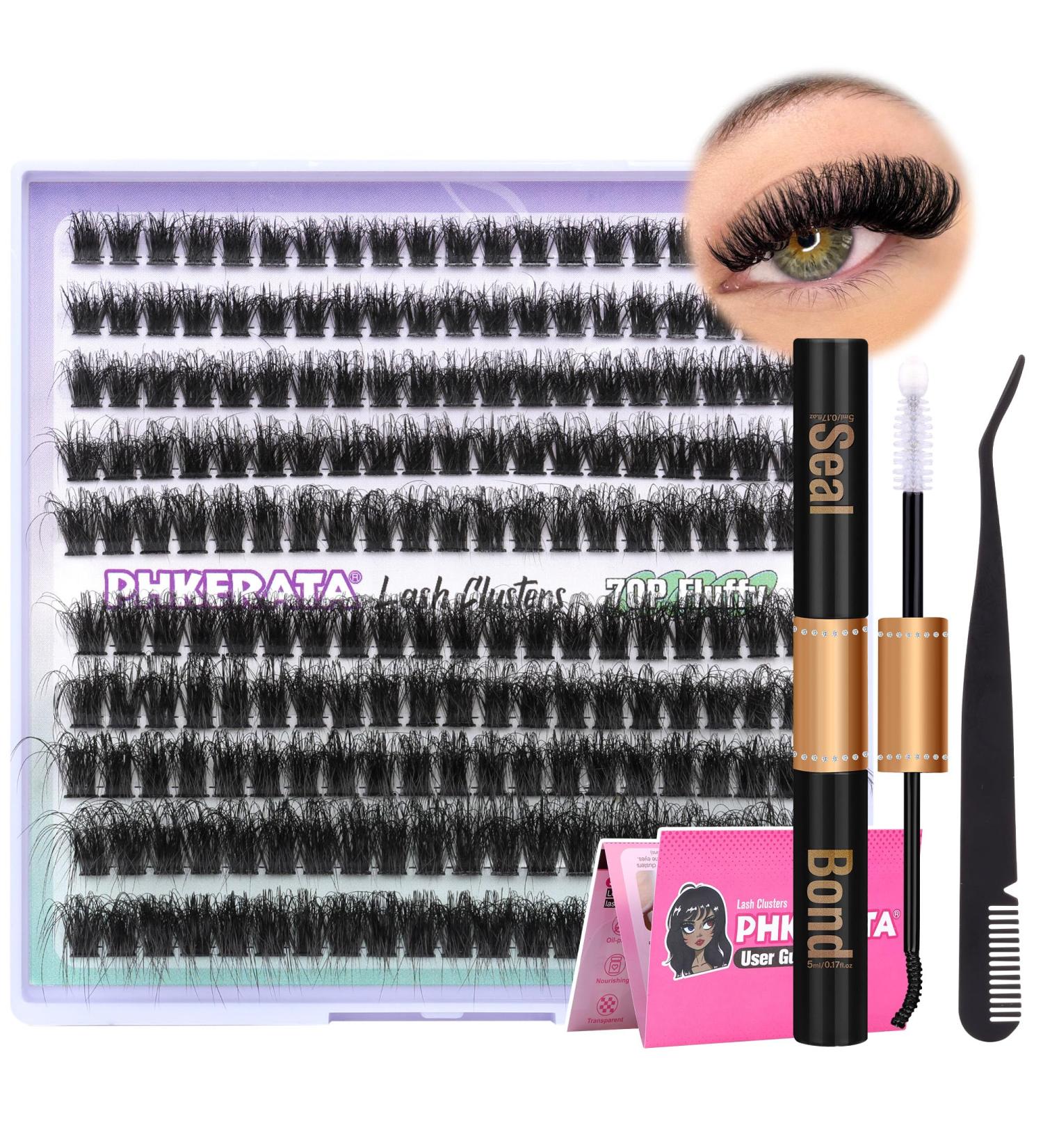 PHKERATA Fluffy Cluster Lashes DIY Extension Kit 8-18MM D Curl Individual Eyelashes | 200Pcs Lash Clusters with Bond, Seal, Tweezers | 70P Kit - Buy Online on SooperMarket.com