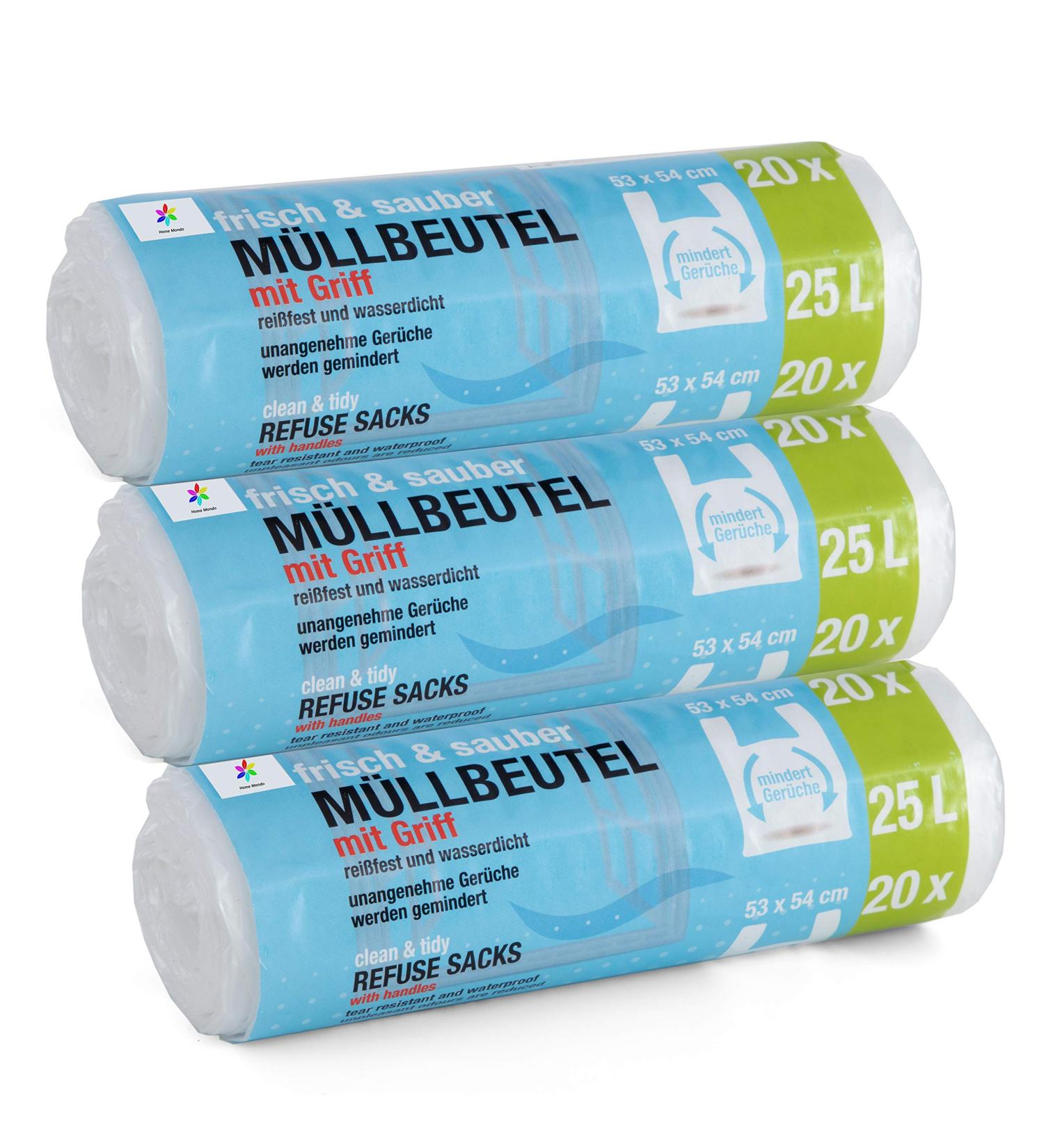 Premiumline 60pcs Garbage Bags 25L - Tear-Resistant & Waterproof - 3 Pack 53x54cm with Stretcher Handles | International Shipping Available - Buy Online on SooperMarket.com