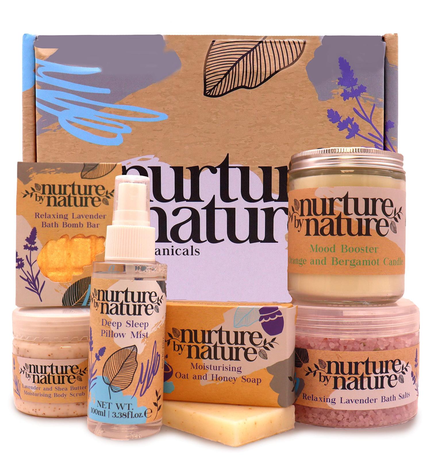 Nurture By Nature Relax & Calm Pamper Gift Basket for Women | Lavender Essential Oils, Bath Salts, Soap, Bath Bombs, Candle & More | Perfect Mother's Day Gift - Buy Online on SooperMarket.com