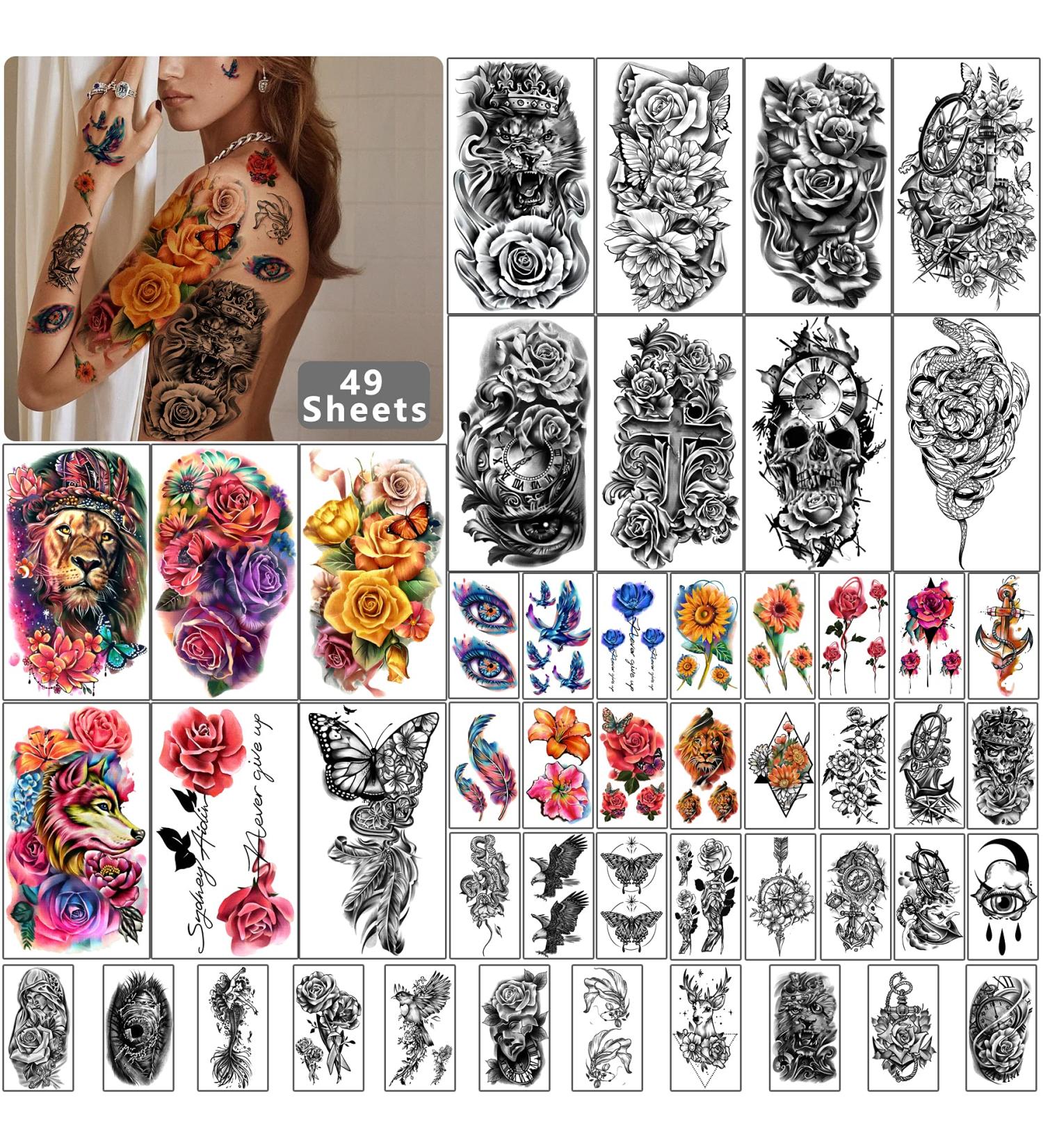 Yazhiji Large Flowers Skull Waterproof Temporary Tattoos - Realistic Tiger Wolf Bird Designs for Women, Girls, Kids & Adults - Buy Online on SooperMarket.com