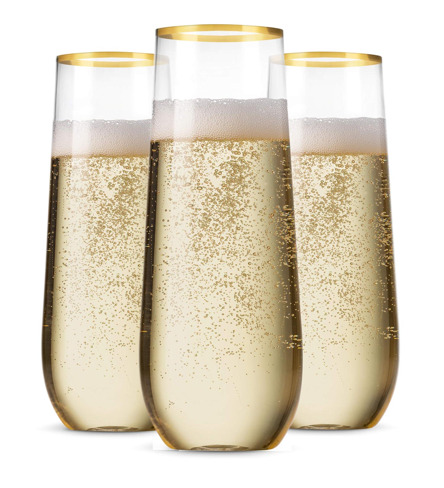 48 Pack Gold Rim Stemless Plastic Champagne Flutes - 9oz Disposable Toasting Glasses | Shatterproof, Recyclable, BPA-Free - Buy Online on SooperMarket.com