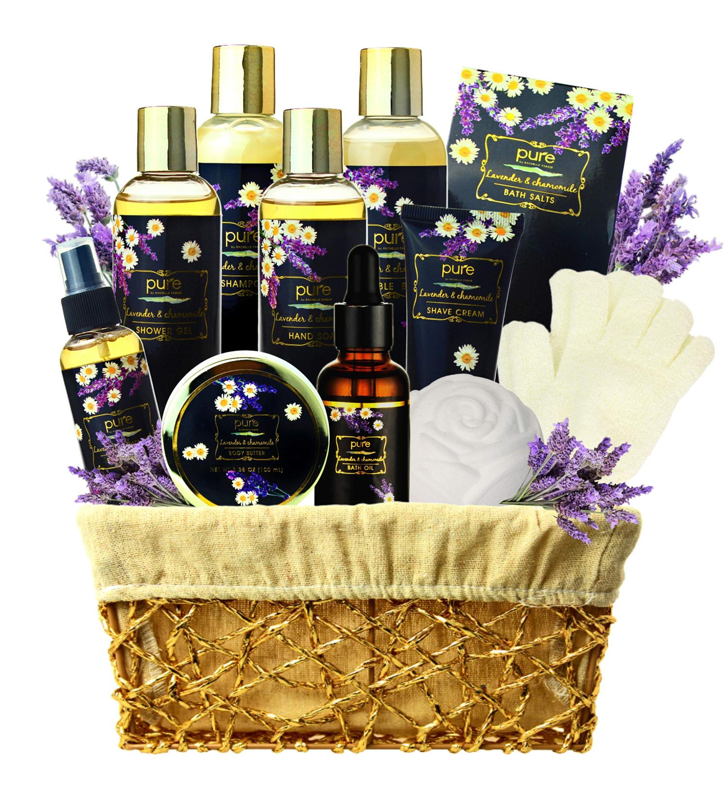 Mother's Day Spa Basket: Lavender Chamomile Natural Spa Bath Set - Aromatherapy Luxurious Bath Gift Set - 8 Piece Home Spa Kit - Best Relaxing Gift Basket for Mom - Buy Online on SooperMarket.com