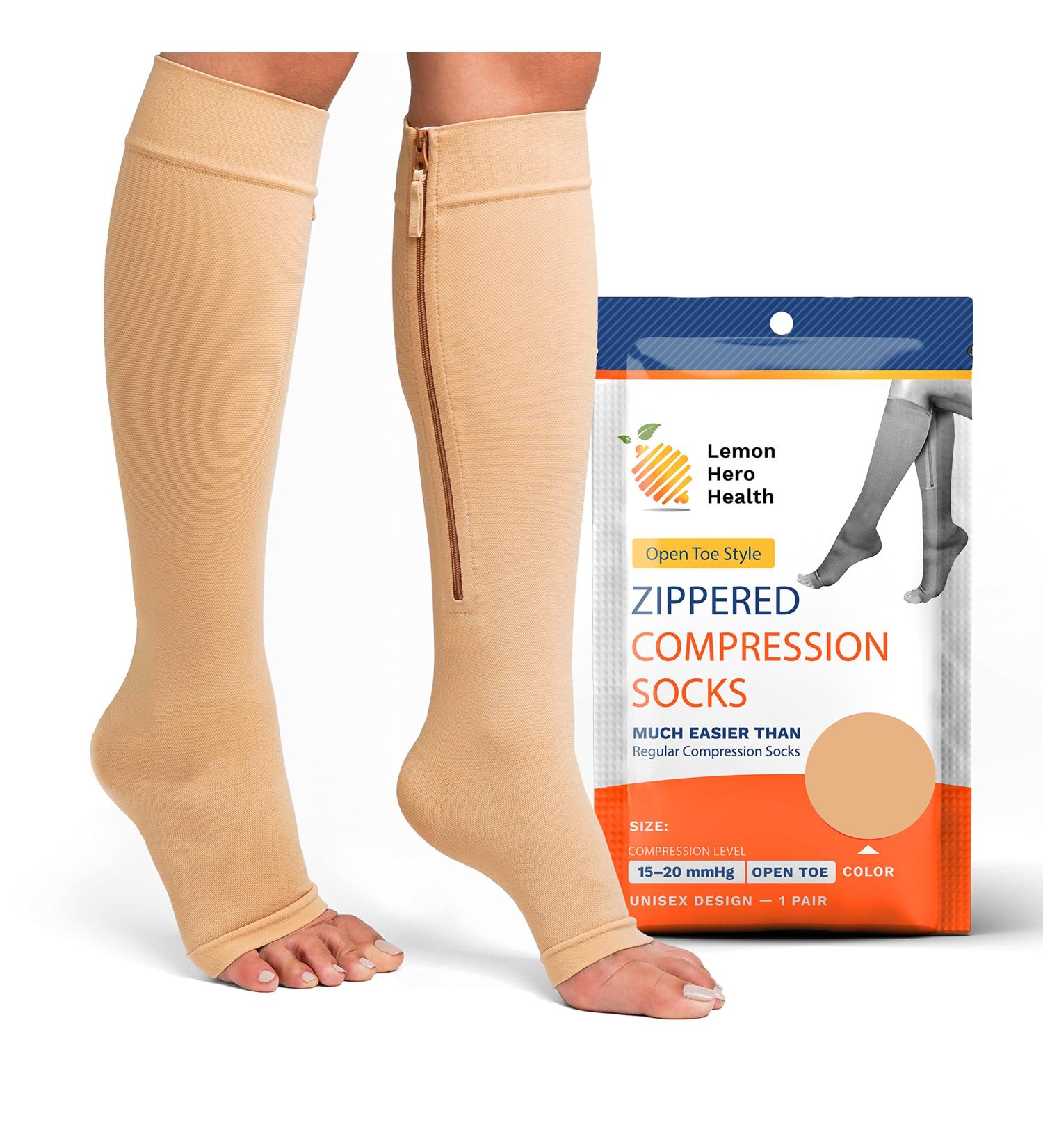 Lemon Hero XXL Beige Compression Socks for Men - Open Toe Zipper Design Ideal for Travel & Support - Buy Online on SooperMarket.com