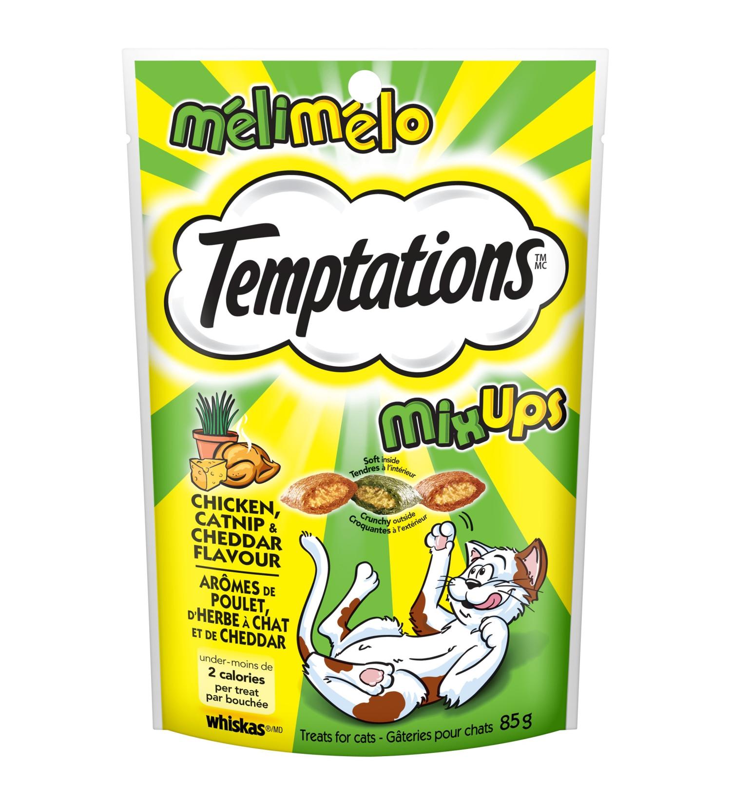 TEMPTATIONS Mix-Ups Cat Treats Chicken & Catnip & Cheddar 85g Pouch (12 Pack) 85 g (Pack of 12) Chicken - Catnip - Cheddar Cat Treats - Buy Online on SooperMarket.com