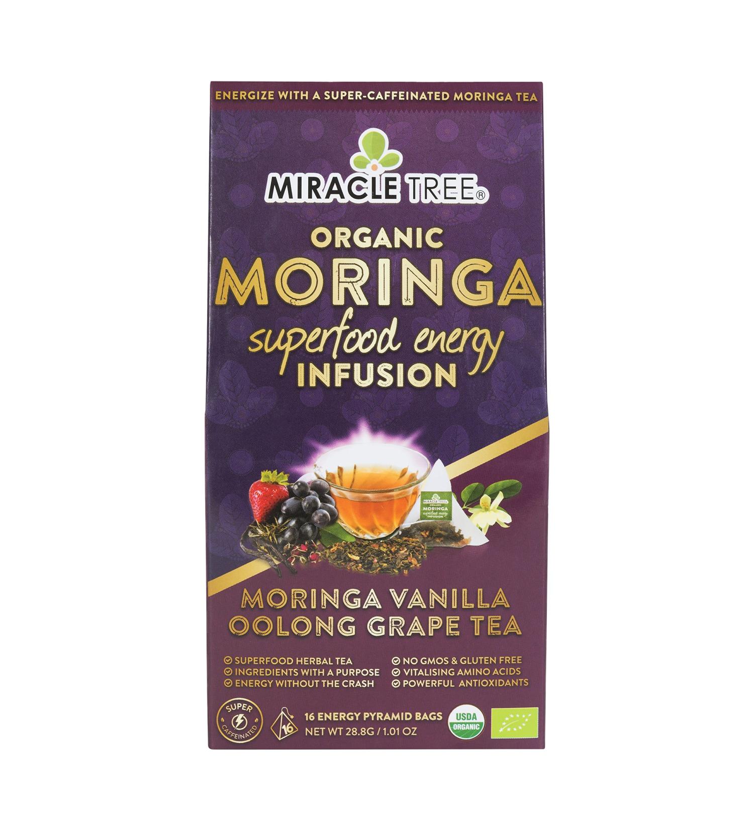 Miracle Tree's Moringa Energy Tea - Vanilla Oolong Grape | Super Caffeinated Blend | Healthy Coffee Alternative  Perfect for Focus | Organic Certified & Non-GMO | 16 Pyramid Sachets Vanilla Oolong Grape 16 Count (Pack of - Buy Online on SooperMarket.com