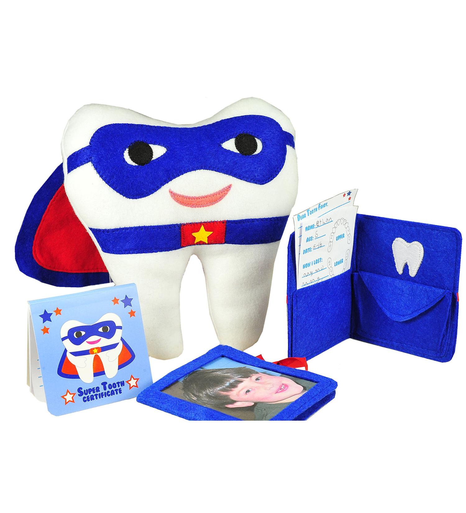 Tooth Fairy Superhero Pillow Set with Notepad and Keepsake Pouch | Boy's 3 Piece Gift Includes Pillow with Pocket, Notepad, and Photo Pouch - Buy Online on SooperMarket.com