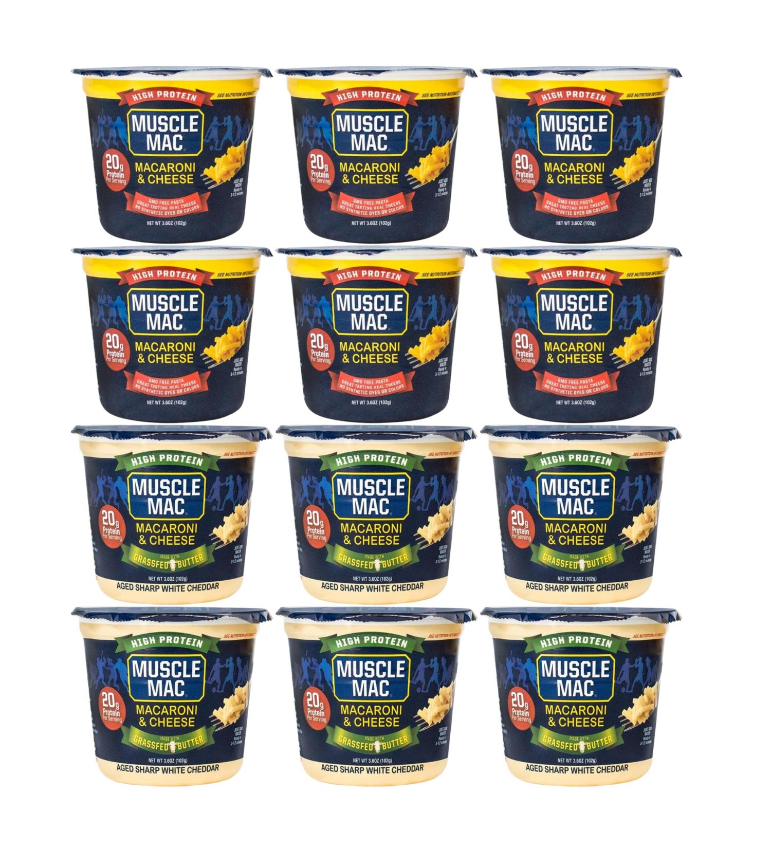 Muscle Mac High Protein Mac & Cheese Cups | 20g Protein Macaroni Made with Real Cheese | Microwaveable Cups GMO Free Dye & Colour Free | 3.6oz Cups Pack of 12 Cups (6 Cheddar & 6 Aged Sharp White Cheddar) Variety Pack of 12 Cups - Buy Online on SooperMarket.com