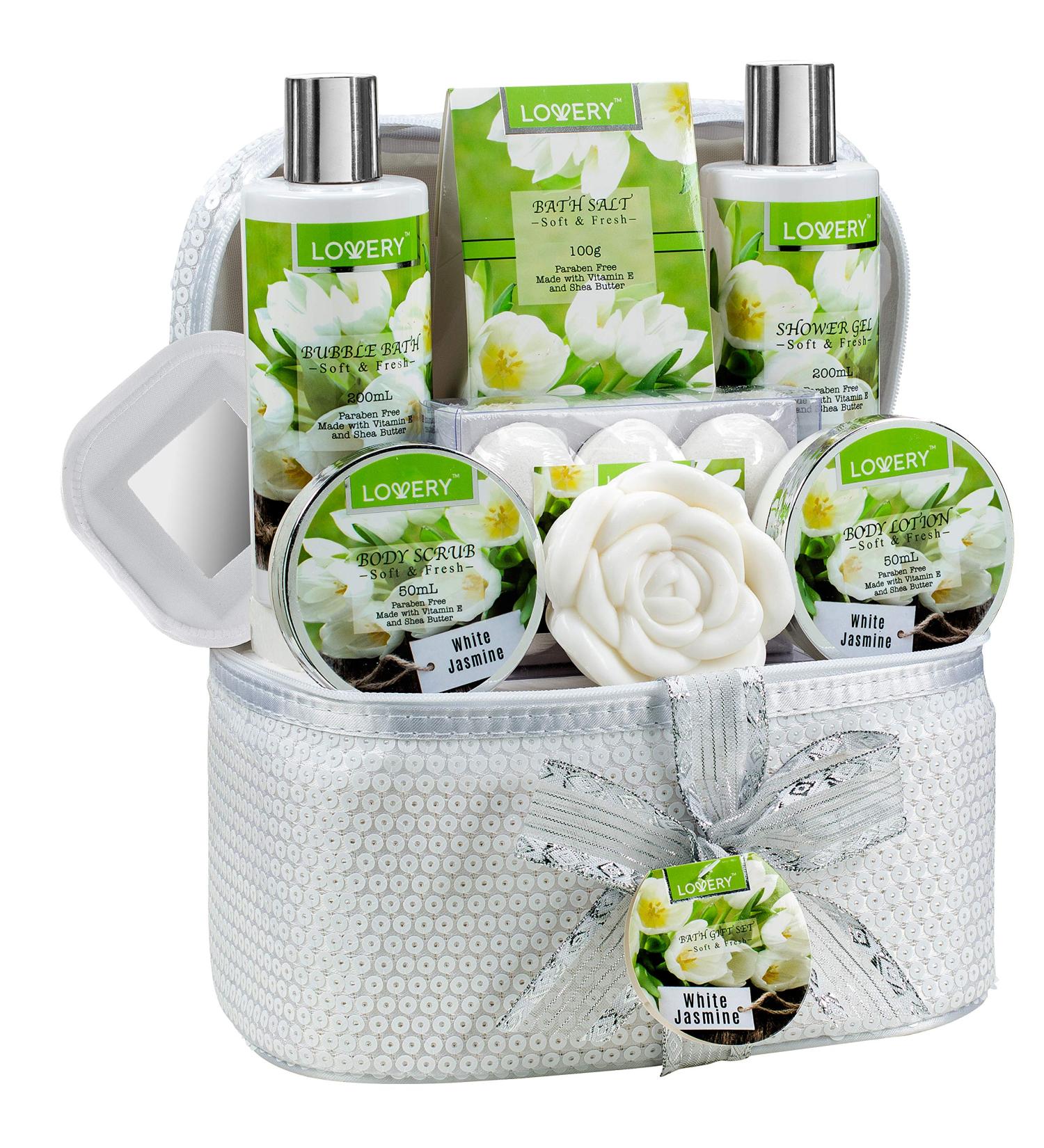 Fathers Day Bath and Body Gift Basket - White Jasmine Scented Home Spa Set for Women & Men | 14 Piece Set with Bath Bombs, Body Lotion, Rose Soaps, and Cosmetics Bag - Buy Online on SooperMarket.com